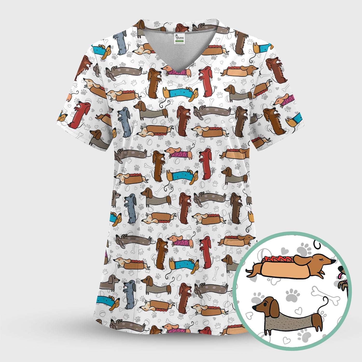 Cute Dachshund Women's Scrub Sets - Funny Sausage Dog Scrub Pants and V Neck Top - Breathable Med Uniform - Nursing Gift