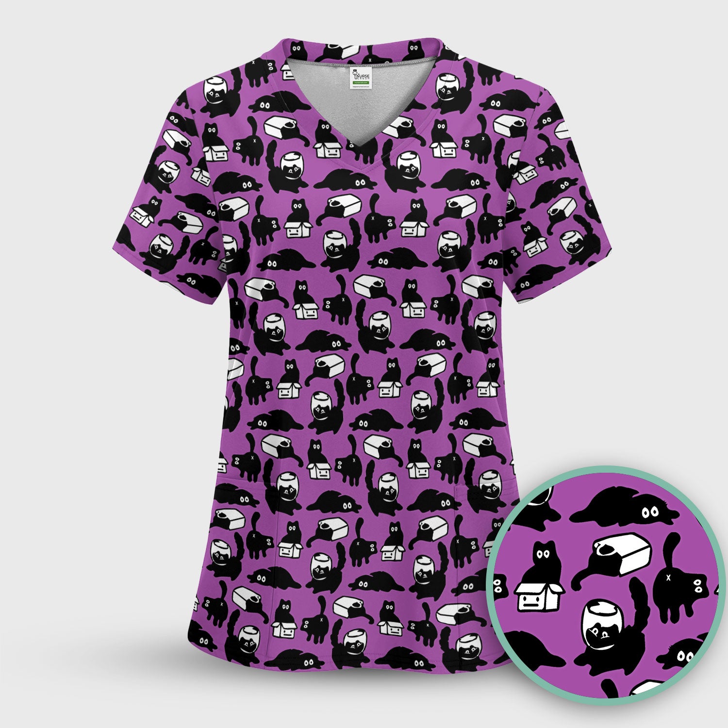 Dark Playful Cat Cartoon Pattern Scrub Top, Comfortable Scrubs for Nurses