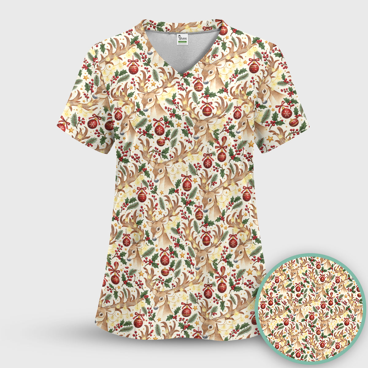 Christmas Reindeer And Holly Scrub Set, Scrub Pants and V Neck Top