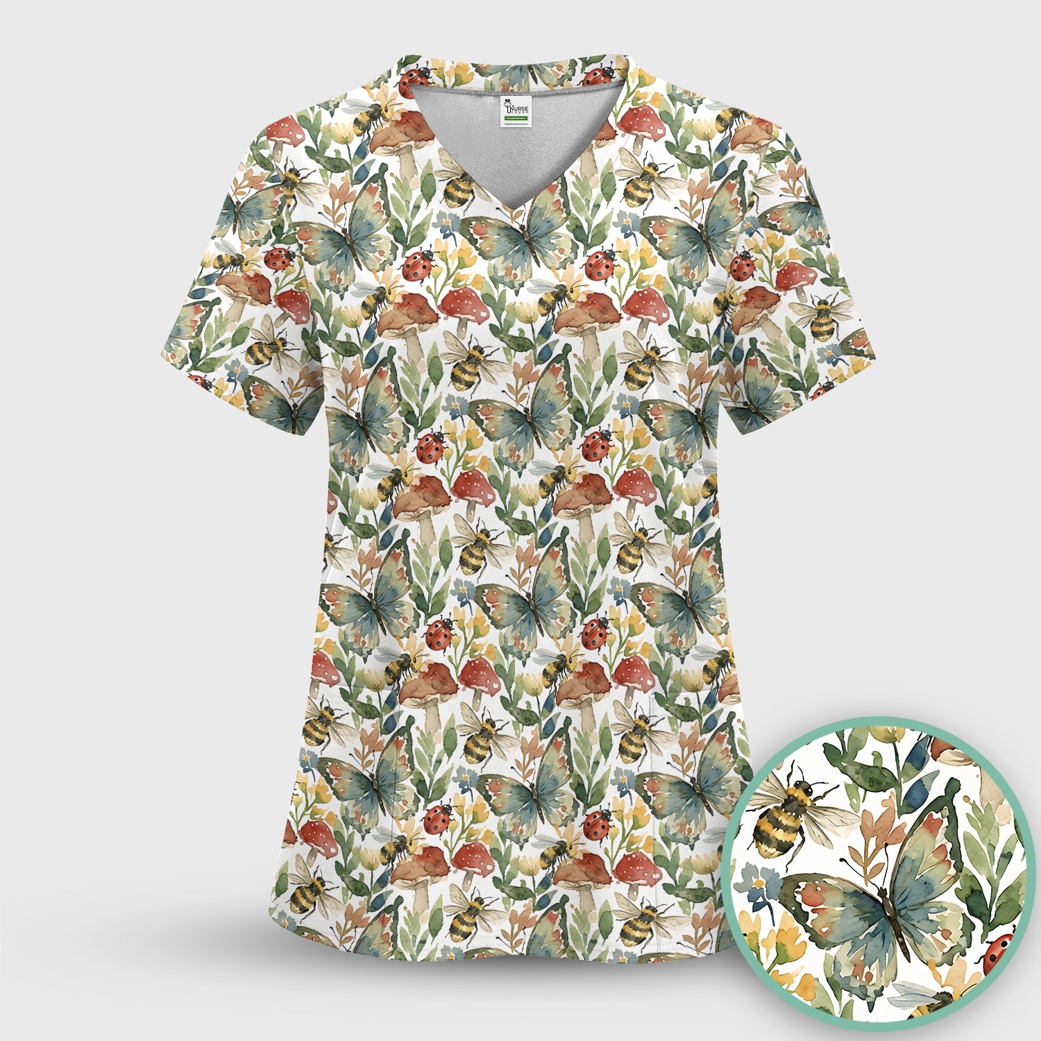 Butterfly Bee With Floral Mushroom Scrub Set, Scrub Pants and V Neck Top