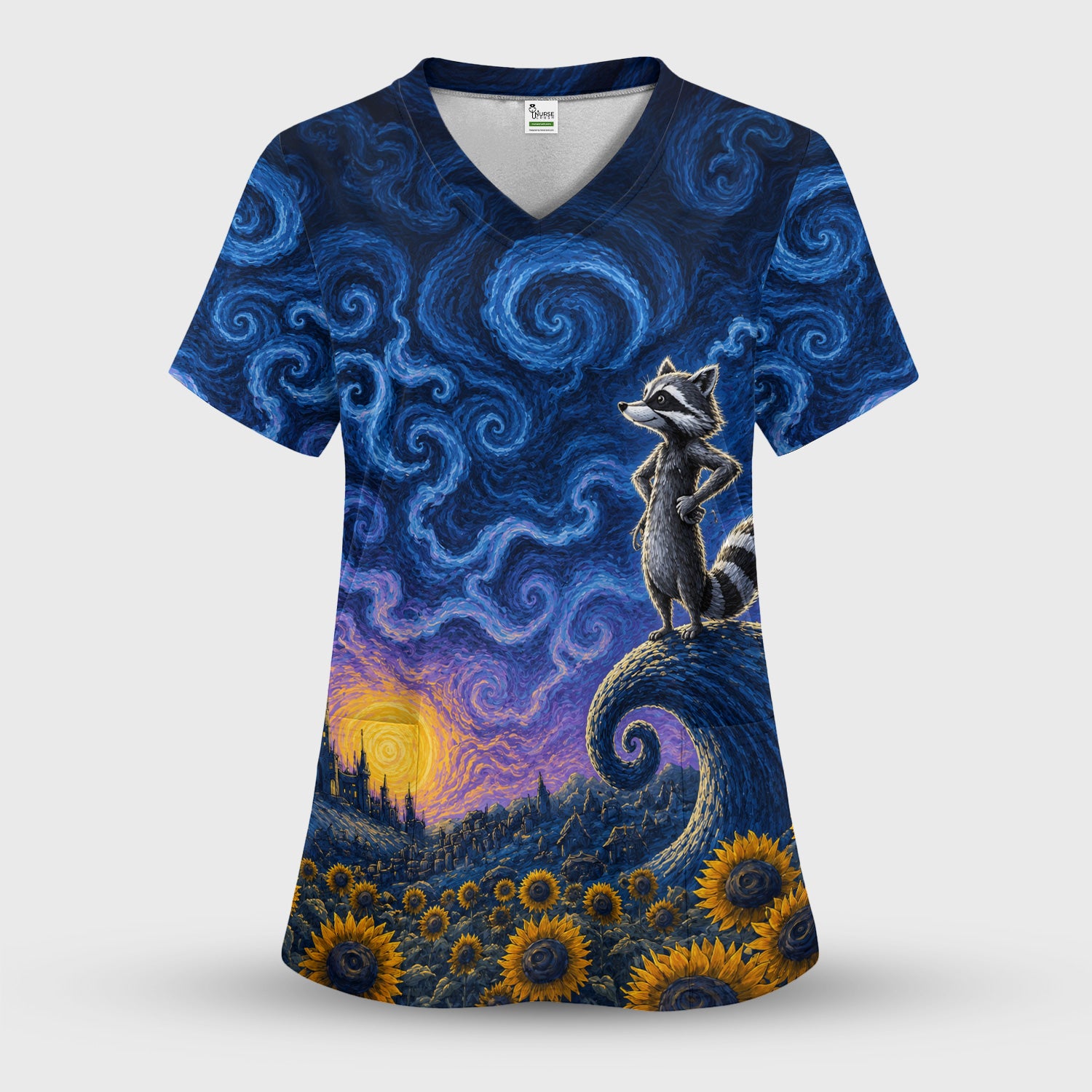 Starry Raccoon Print Scrub Top, Comfortable Scrubs for Nurses