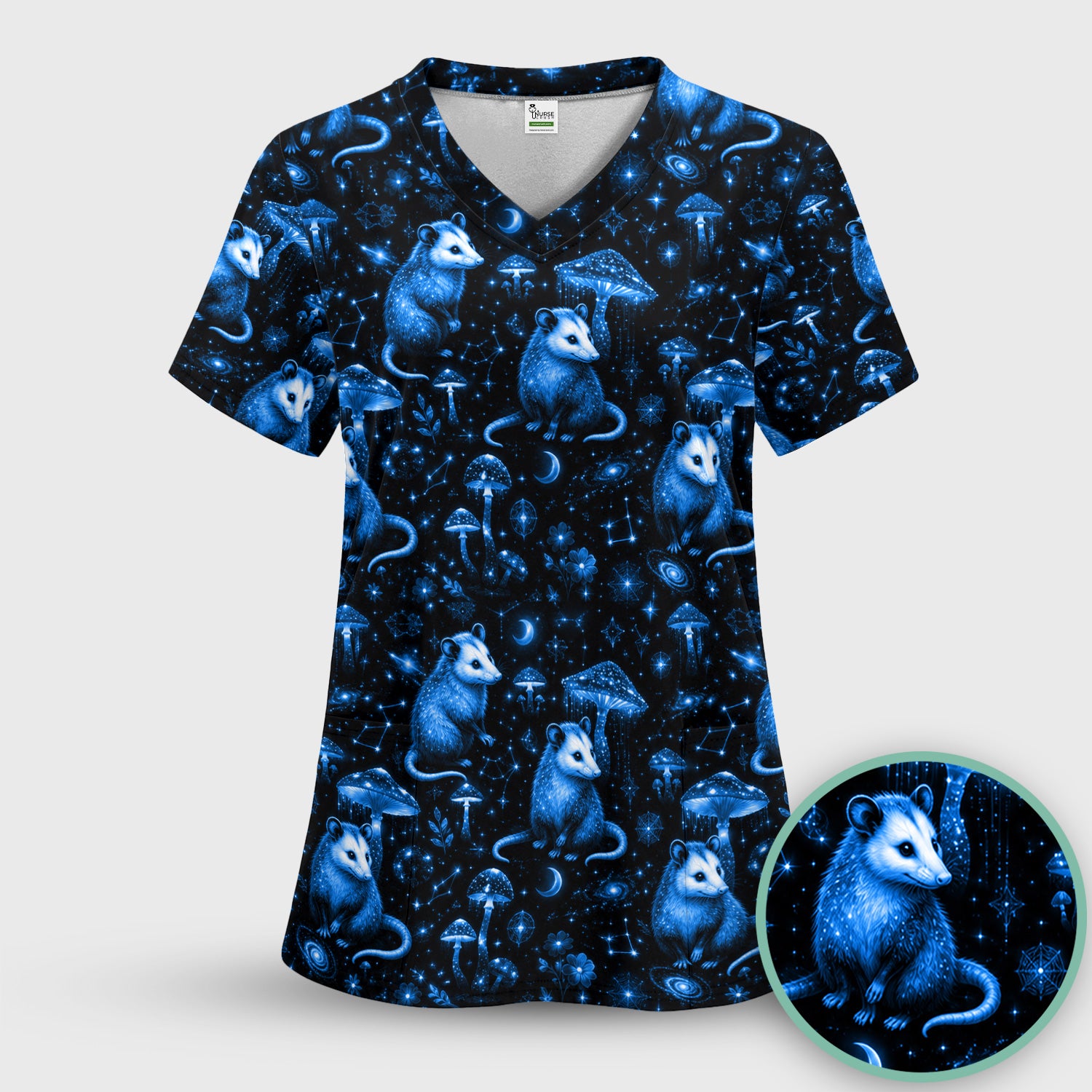 Celestial Blue Opossum With Mushroom Pattern Scrub Top, Comfortable Scrubs for Nurses