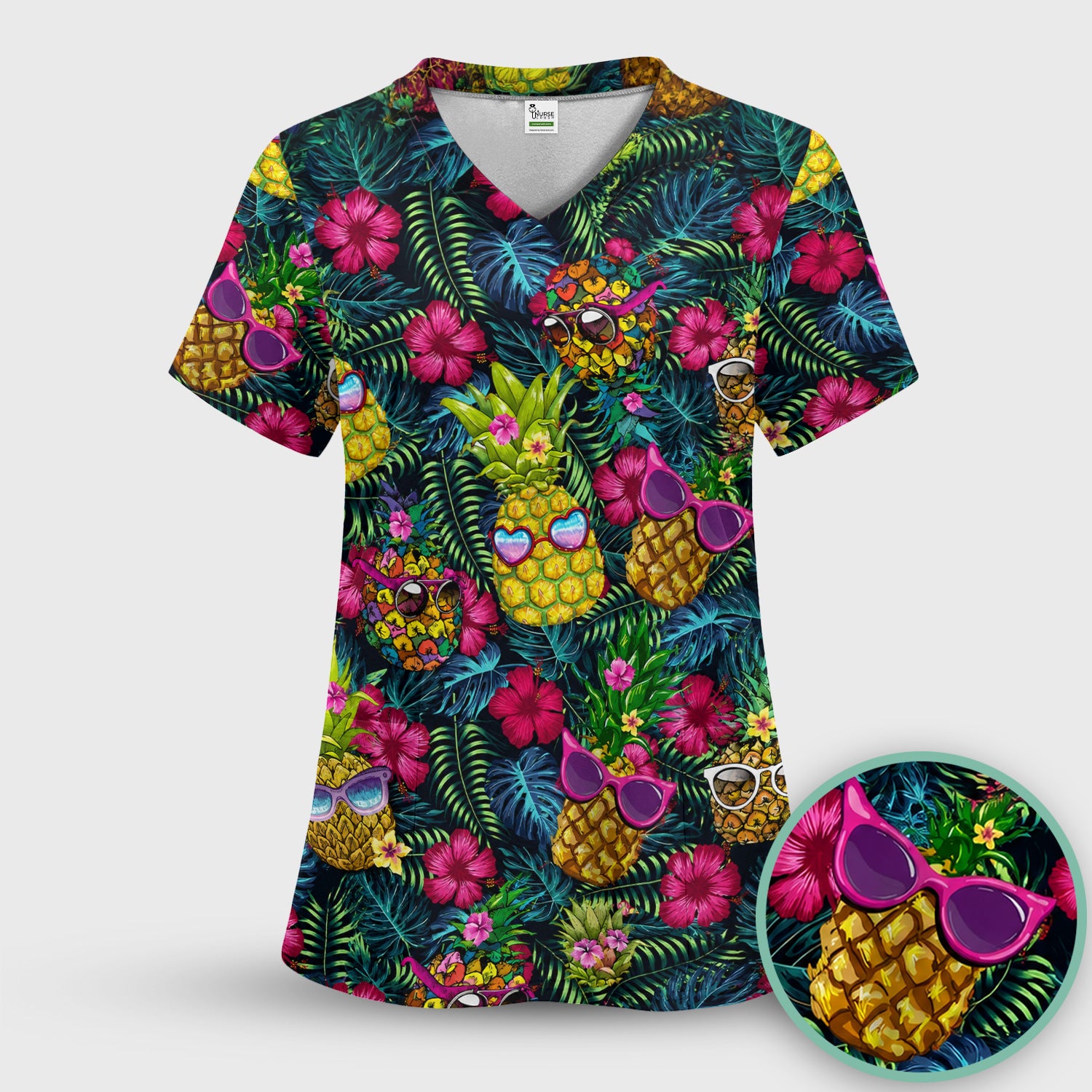 Cute Tropical Pineapple Sunglasses Pattern Scrub Top, Comfortable Scrubs for Nurses