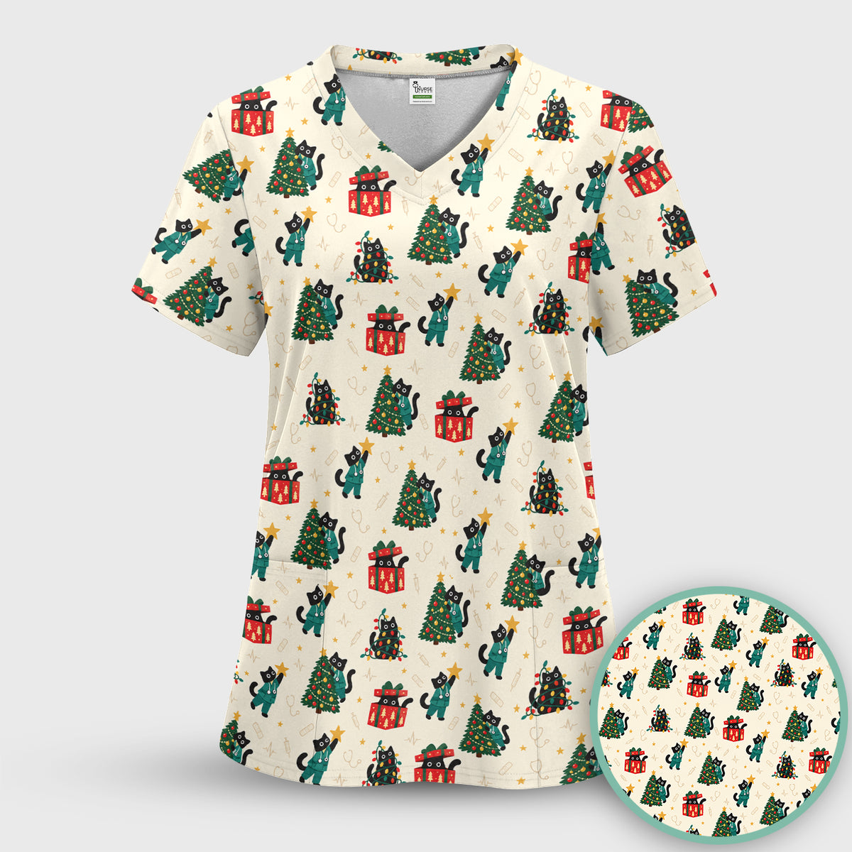Christmas Black Nurse Cats And Trees Scrub Set, Scrub Pants and V Neck Top