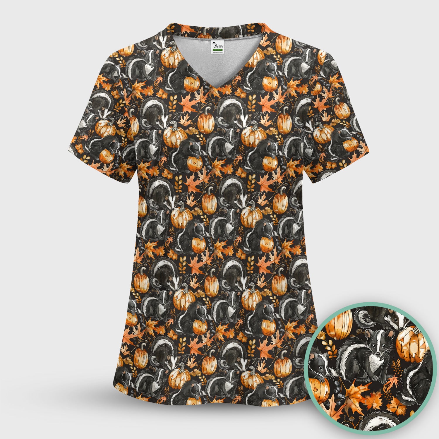 Skunk Pumpkin with Autumn Leaves Pattern Scrub Top, Comfortable Scrubs for Nurses