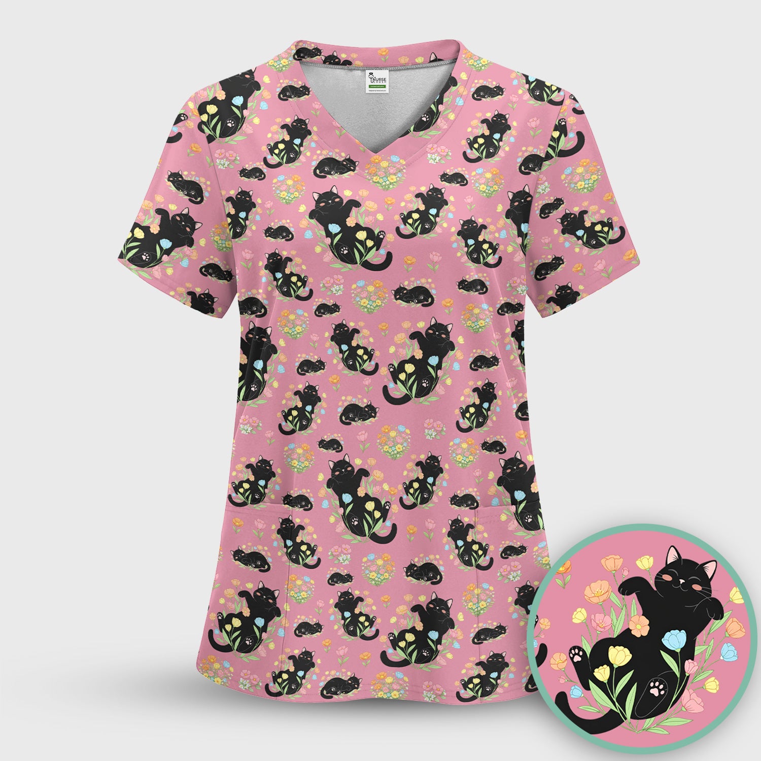 Cats With Cute Poses Floral Pattern Scrubs Top, Comfortable Scrubs for Nurses