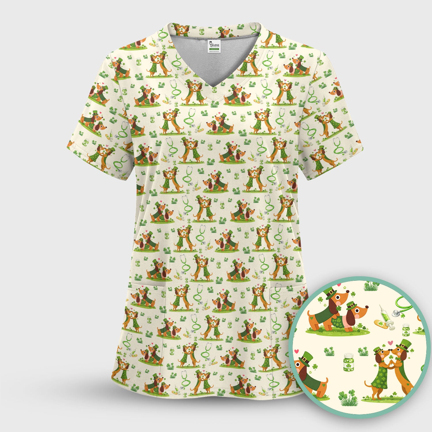 Valentine Cute Dachshund Nurse Shirt, Dog Heart Pattern, Comfortable Scrubs for Nurses