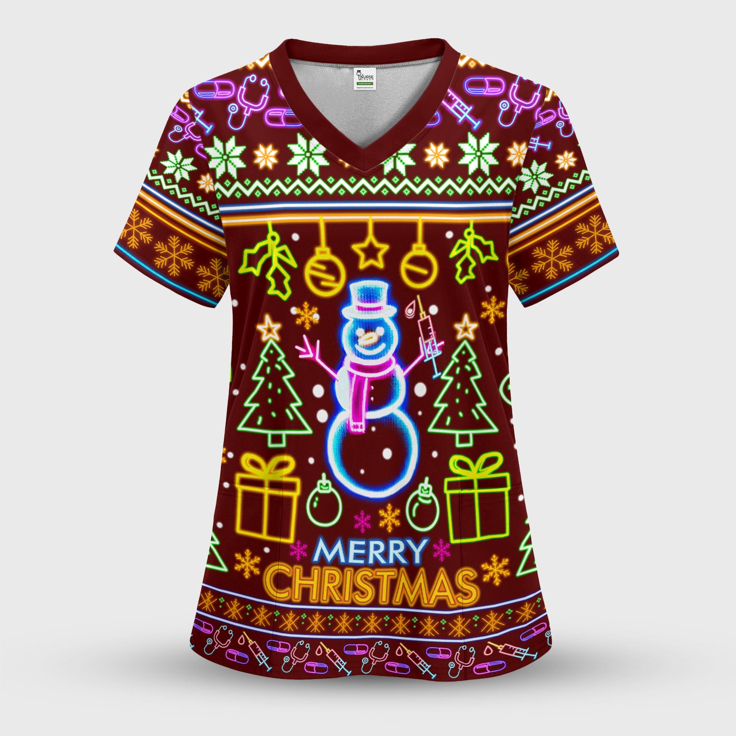 Neon Snowman Christmas Scrub Top for Nurses - Merry Christmas Holiday Lights Pattern - Funny Festive Medical Uniform for RN LPN CNA