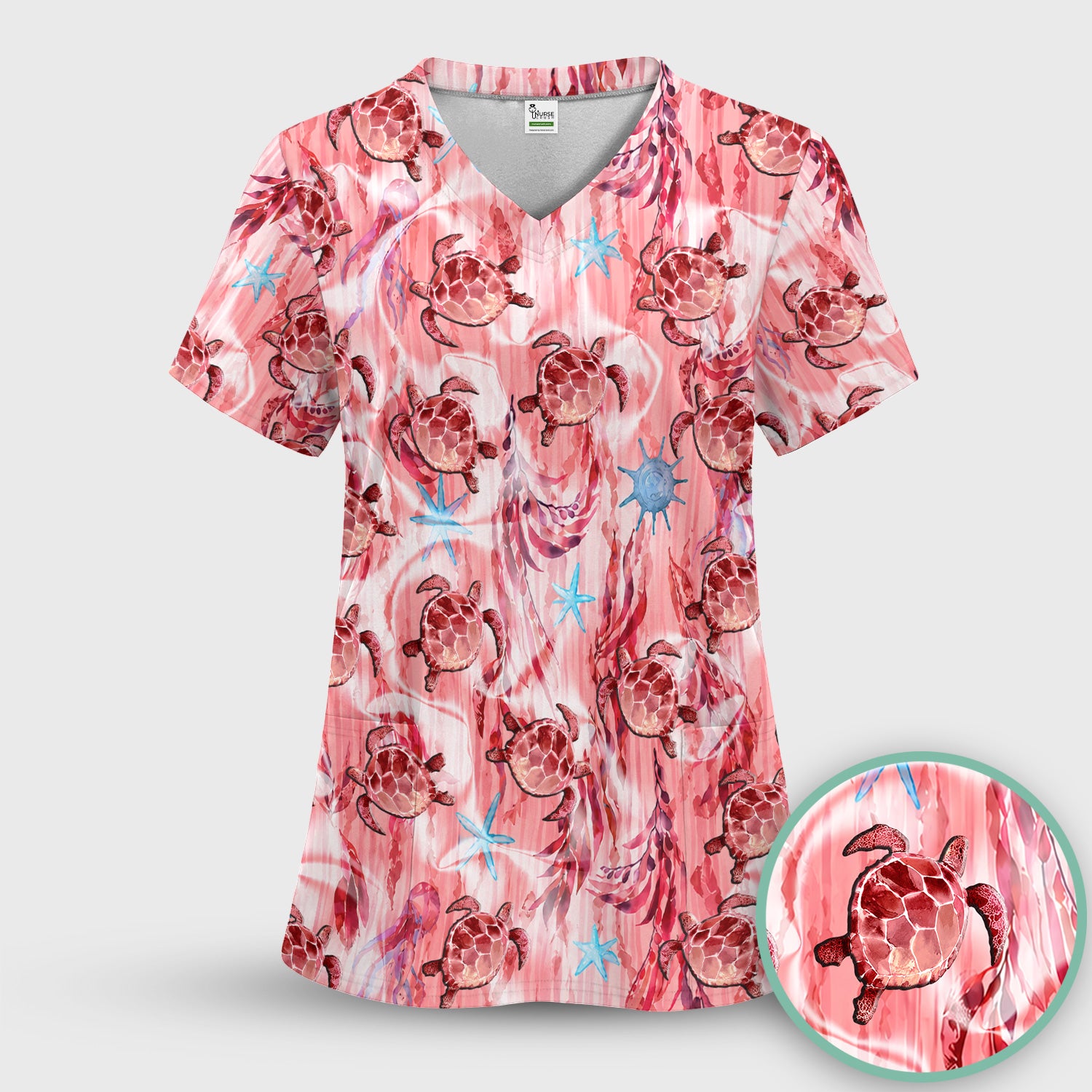 Pink Sea Turtle Ocean Pattern Scrub Top, Comfortable Scrubs for Nurses