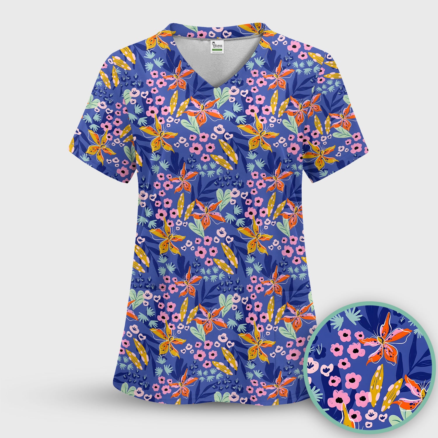 Nurse Blue Lily Floral Garden Pattern Scrub Set, Scrub Pants and V Neck Top