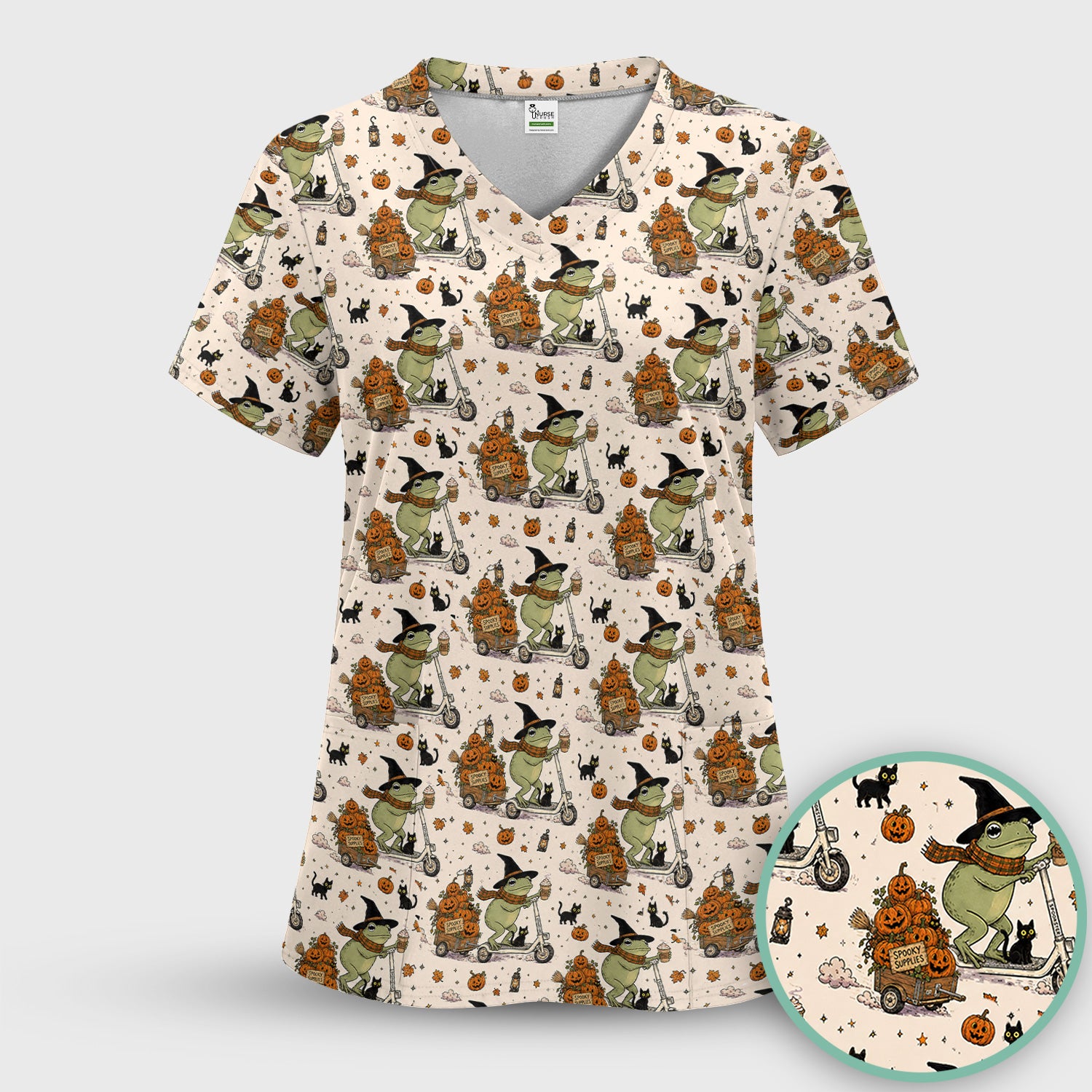 Cute Halloween Witch Frog And Pumpkins Scrub Set, Scrub Pants and V Neck Top