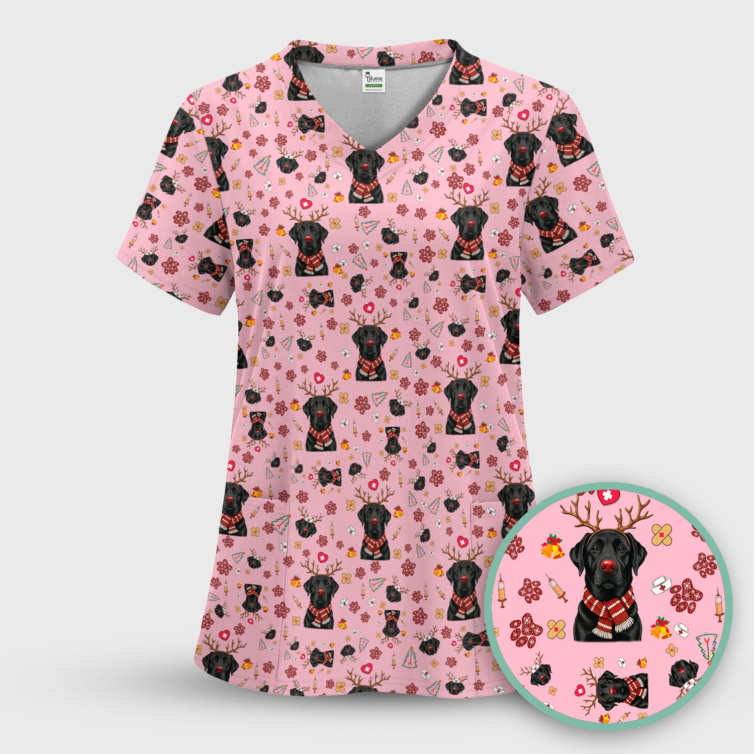 Black Lab Christmas Scrub Top - Funny Labrador Nurse Shirt - Cute Holiday Medical Uniform for Women RN LPN CNA Gift