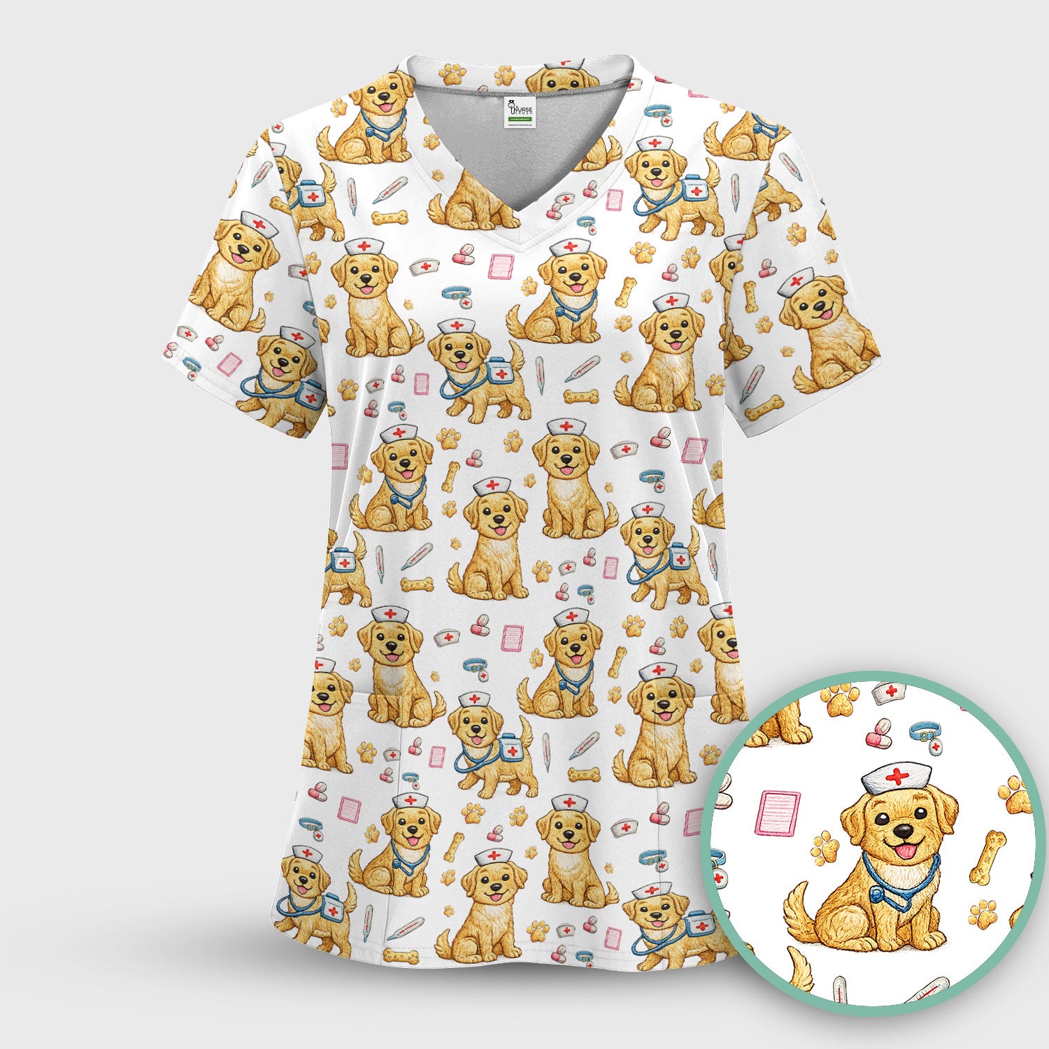 Cute Puppy Nurse Medical Print Scrub Top, Comfortable Scrubs for Nurses
