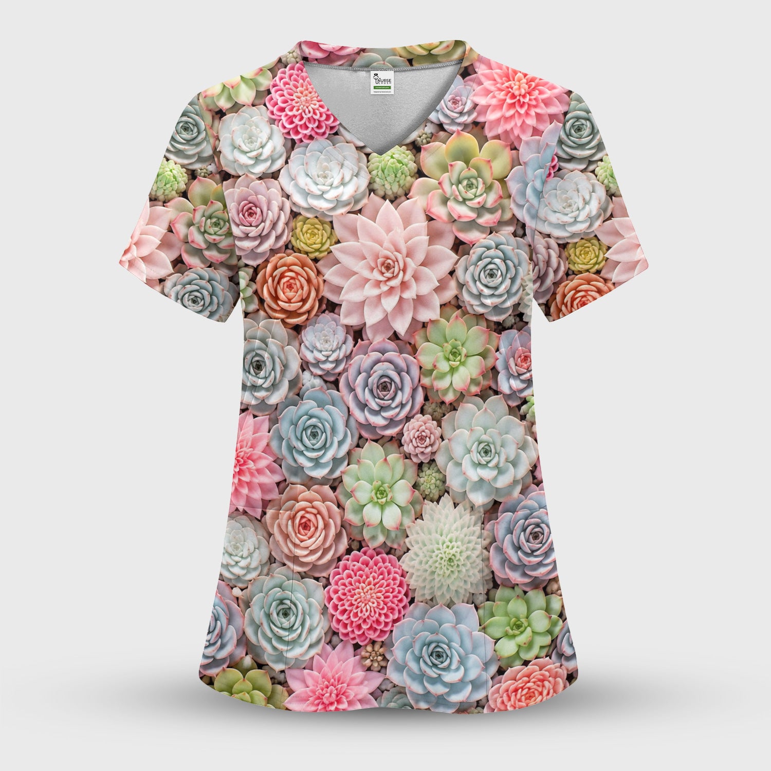 Cute Pastel Succulent Blossom Pattern Scrub Top, Comfortable Scrubs for Nurses