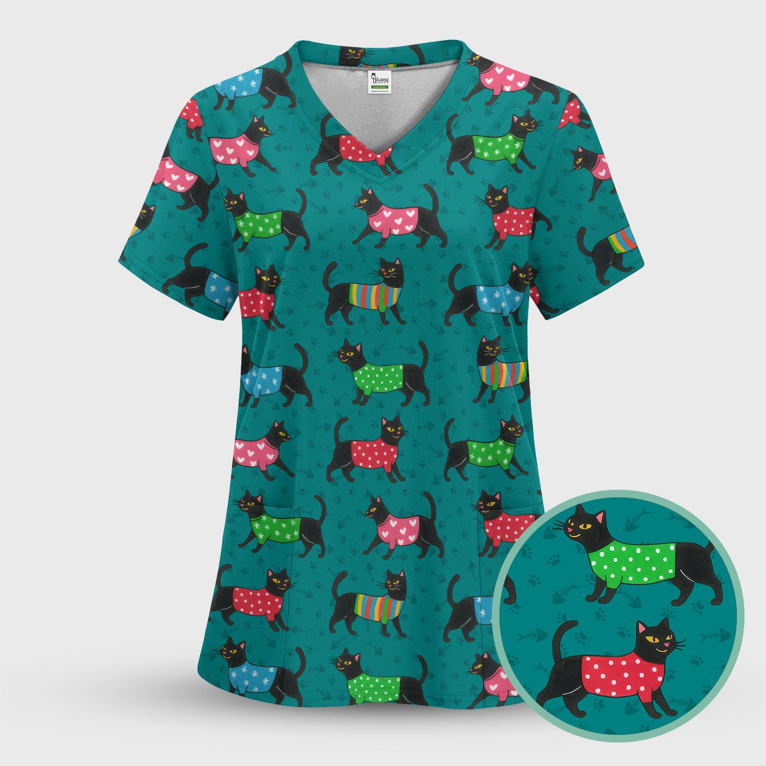 Cute Cat Scrub Top - Black Kitty Print Nurse Shirt - Fun Animal Medical Scrubs Gift for Women CNA RN Doctor