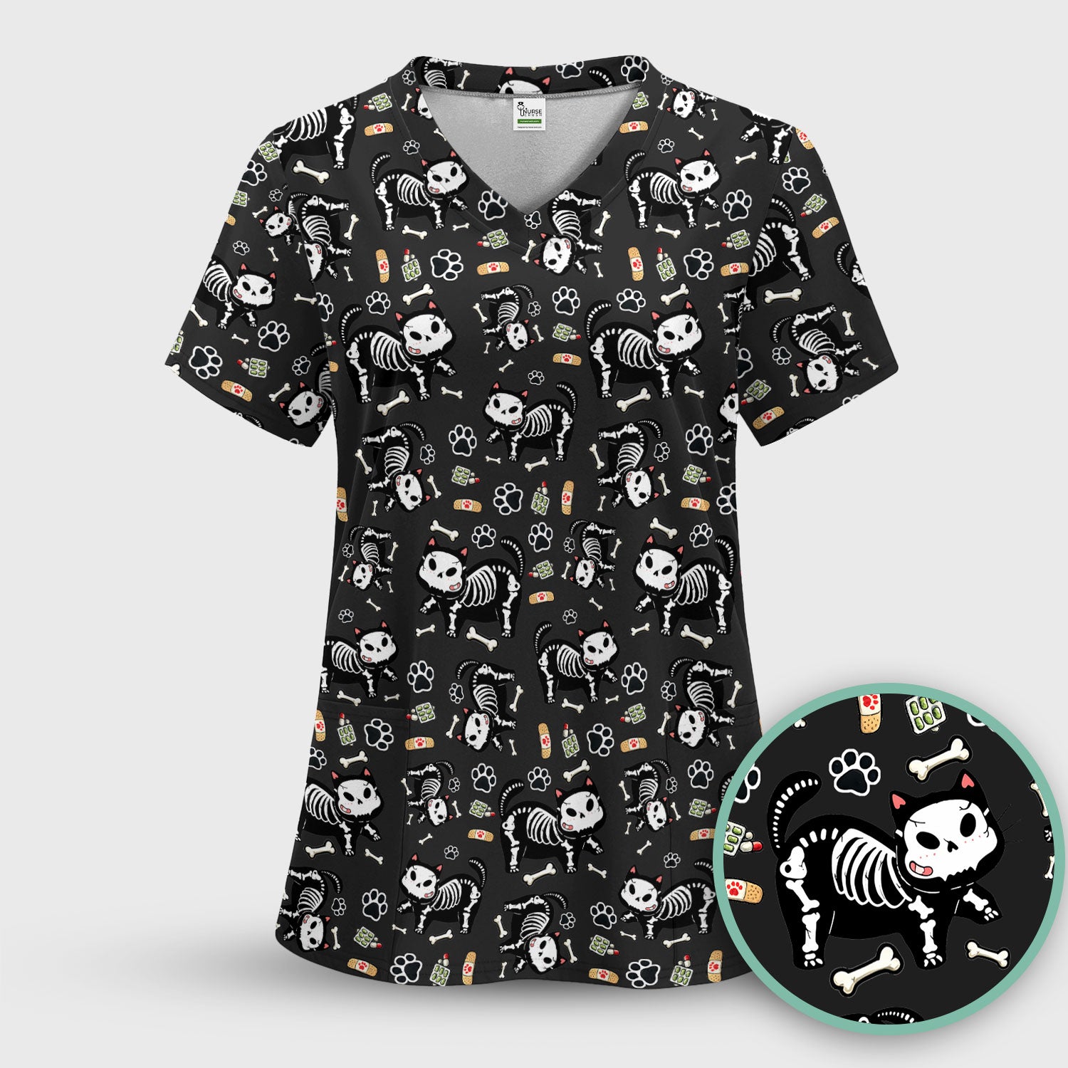 Skeleton Cat Medical Pattern Scrub Top, Comfortable Scrubs for Nurses