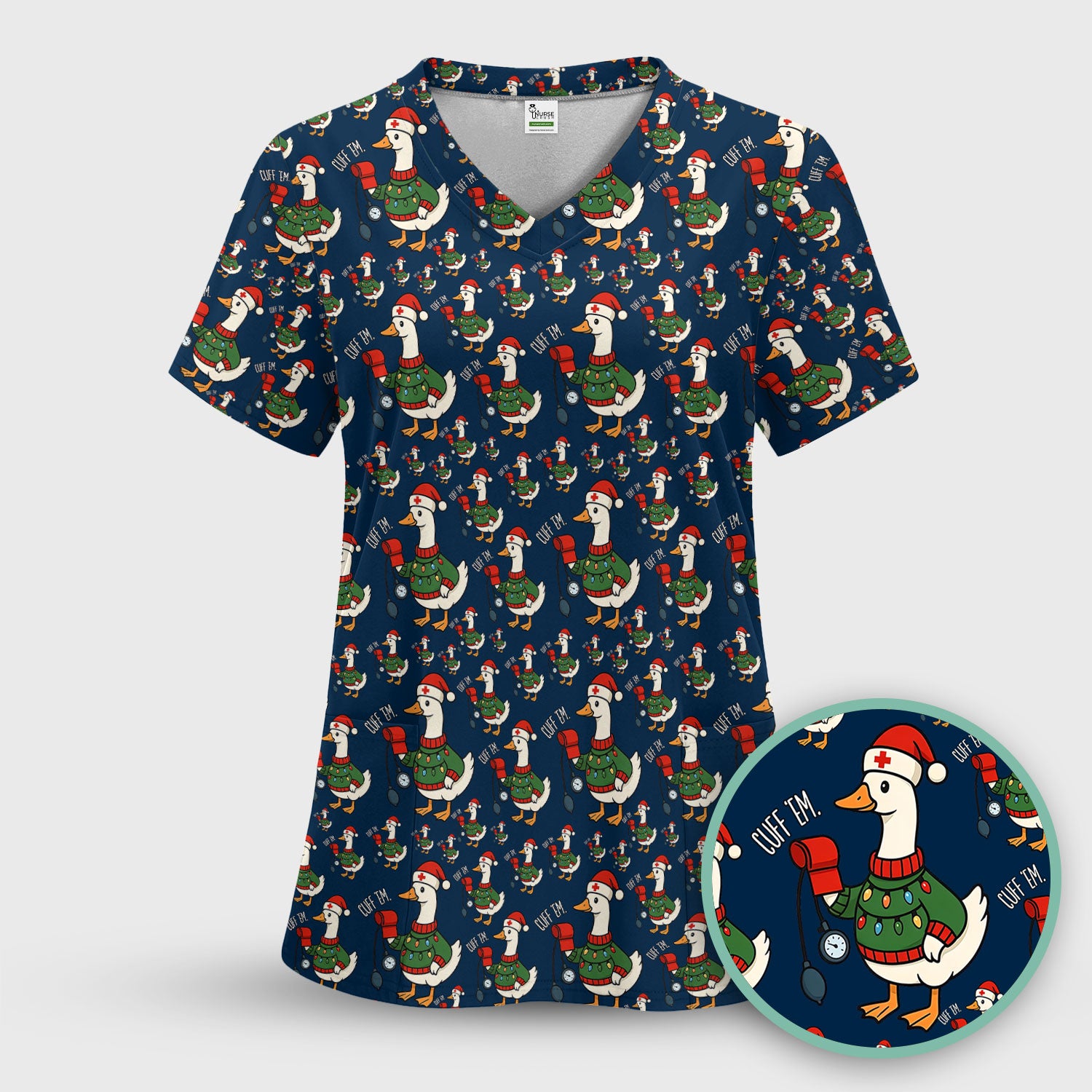 Nurse Christmas Duck Scrub Top, Cute Goose Pattern Scrub Shirt, RN LPN CNA Nursing Uniform