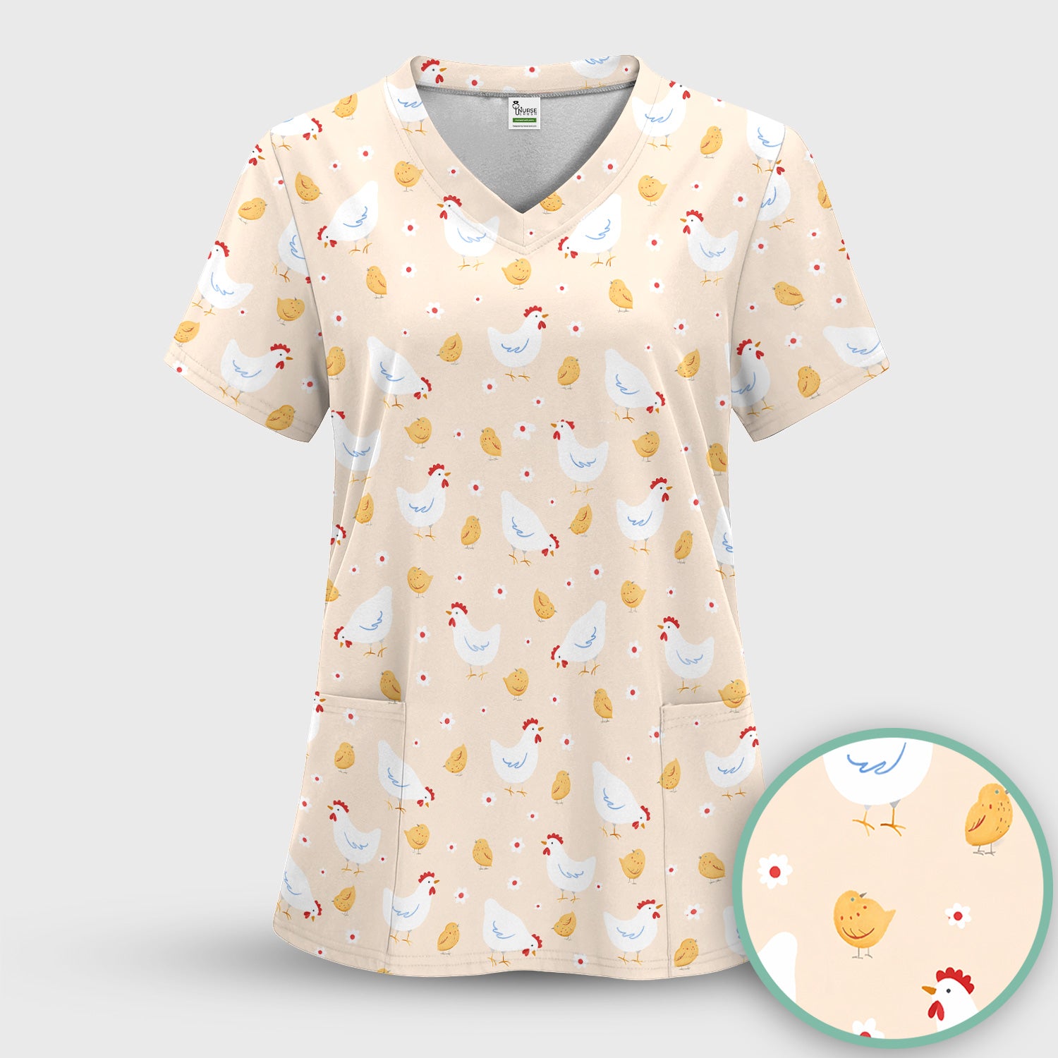 Chicken And Cute Chicks Pattern Scrubs Top, Comfortable Scrubs for Nurses