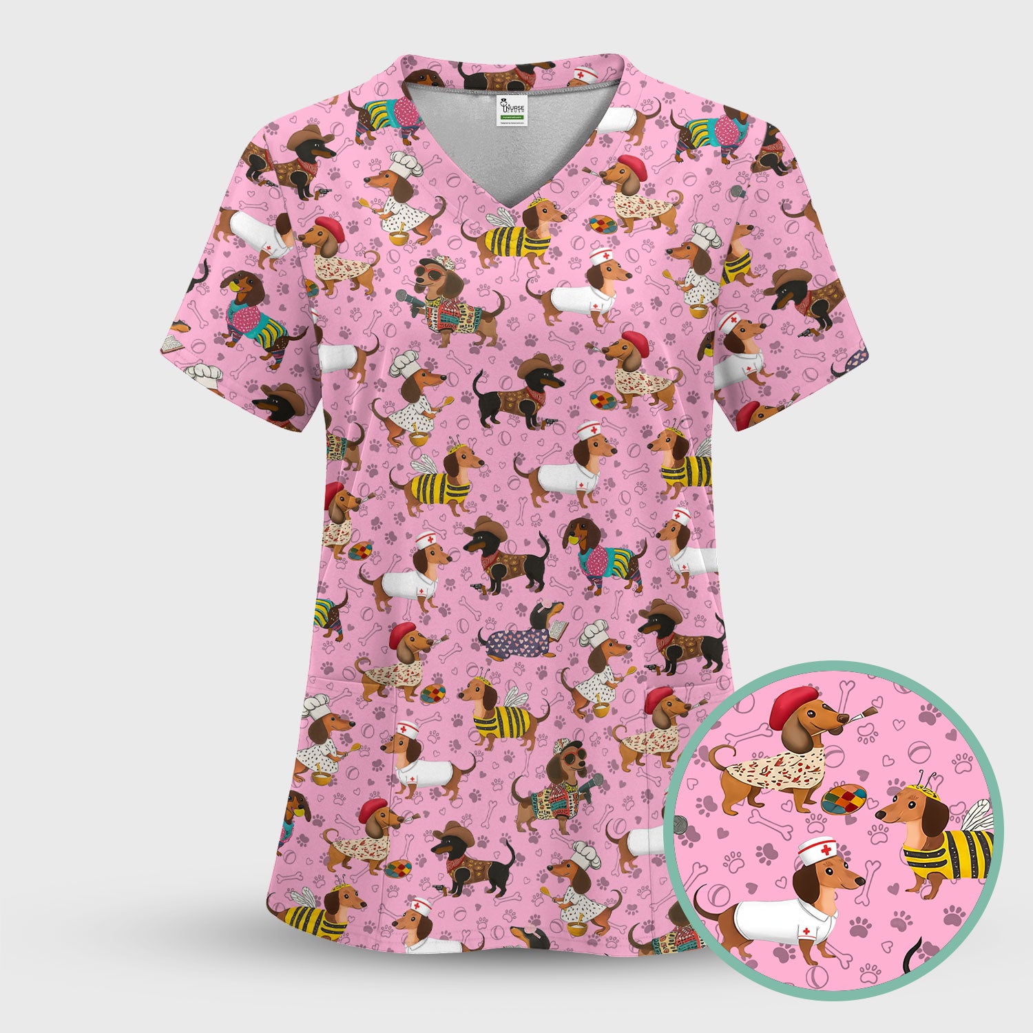Funny Dachshund Scrub Top for Nurses - Wiener Dog in Bee, Chef, Nurse Costumes - Cute Sausage Dog Medical Shirt RN CNA LPN