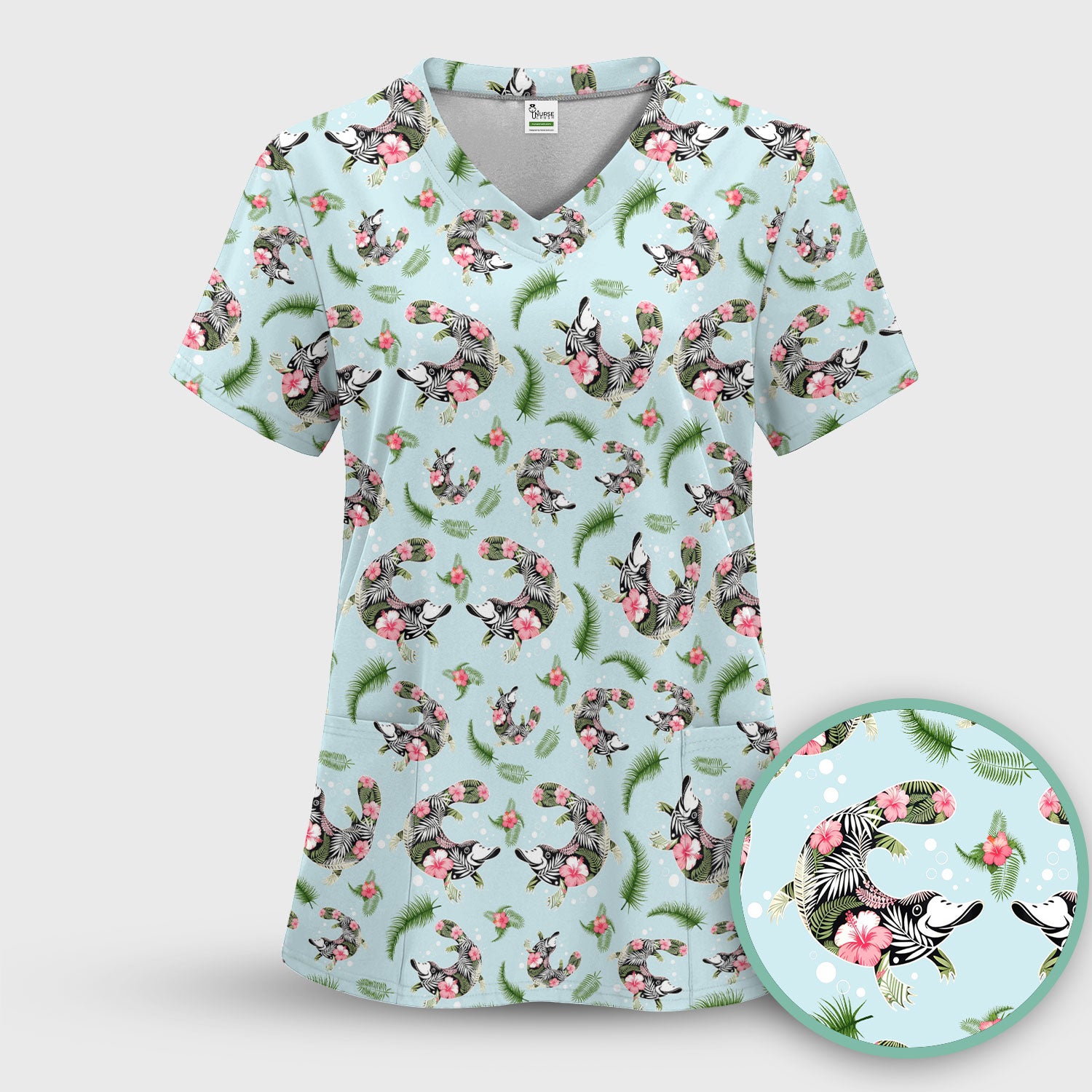 Cute Platypus Scrub Top, Tropical Floral Animal Pattern Nurse Shirt, Breathable Fabrics Nursing Uniform