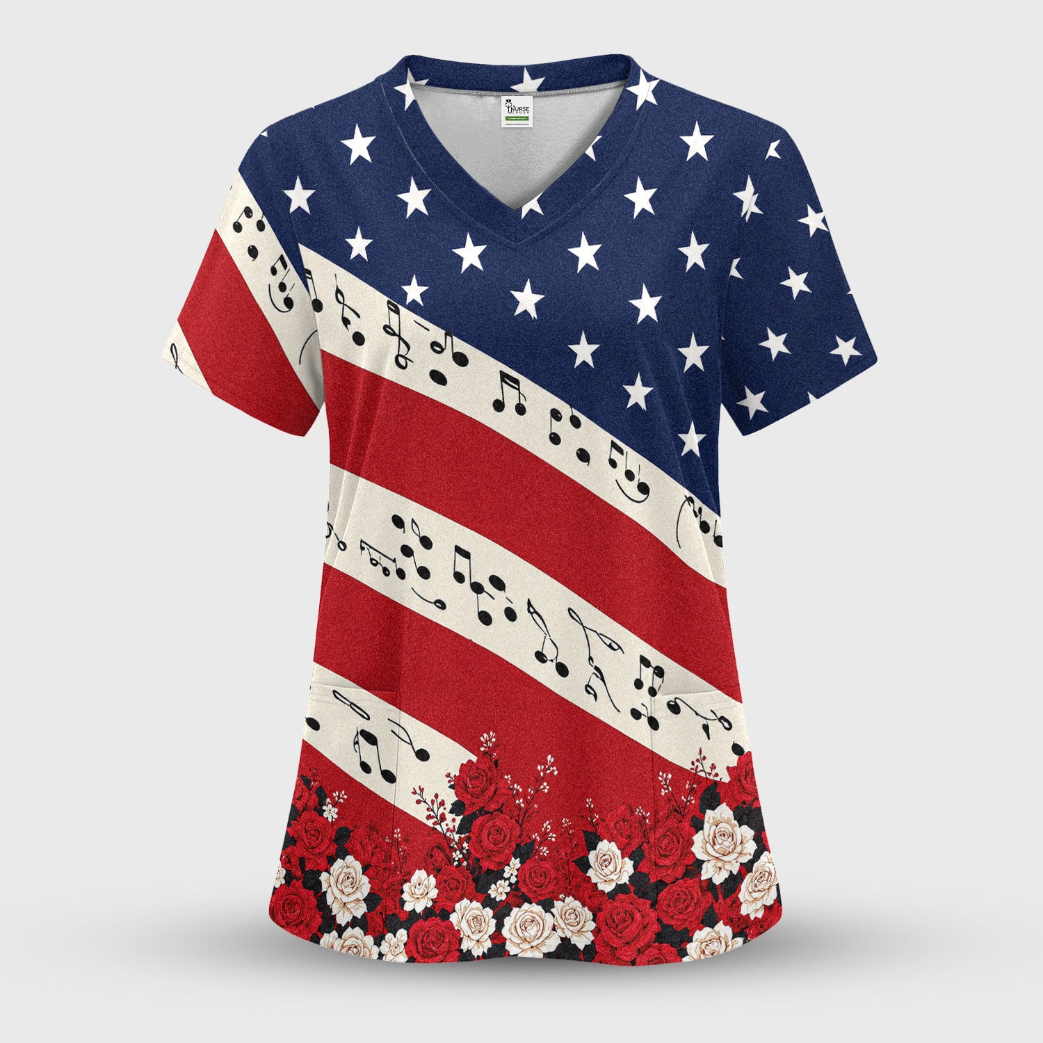 Patriotic Music Notes Nurse Scrub Top for RN, CNA, Healthcare Workers, Floral USA Uniform Scrub Top, Comfortable Scrubs for Nurses
