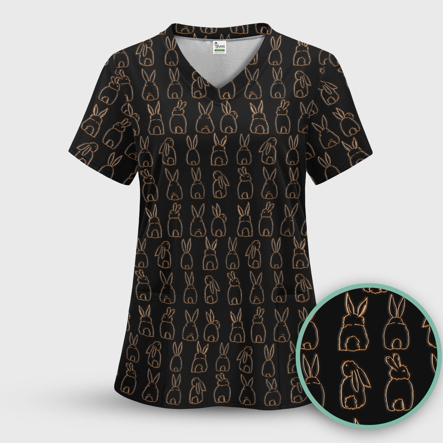 Cartoon Bunny Line Art Pattern Medical Scrub Top, Comfortable Scrubs for Nurses, Easter