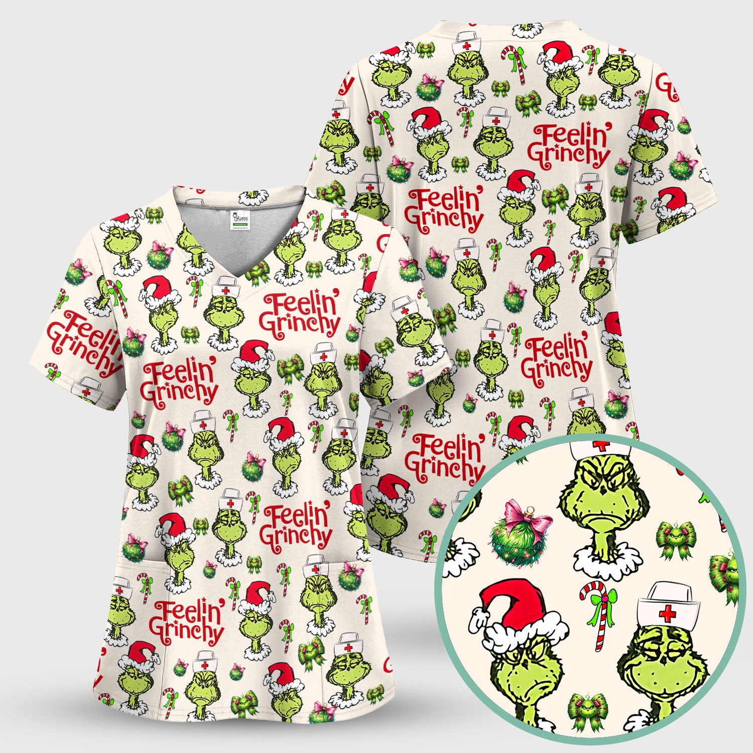 Grinch Nurse Christmas Scrub - Feelin‰۪ Grinchy Top - Funny Holiday Medical Uniform Gift for RN CNA LPN
