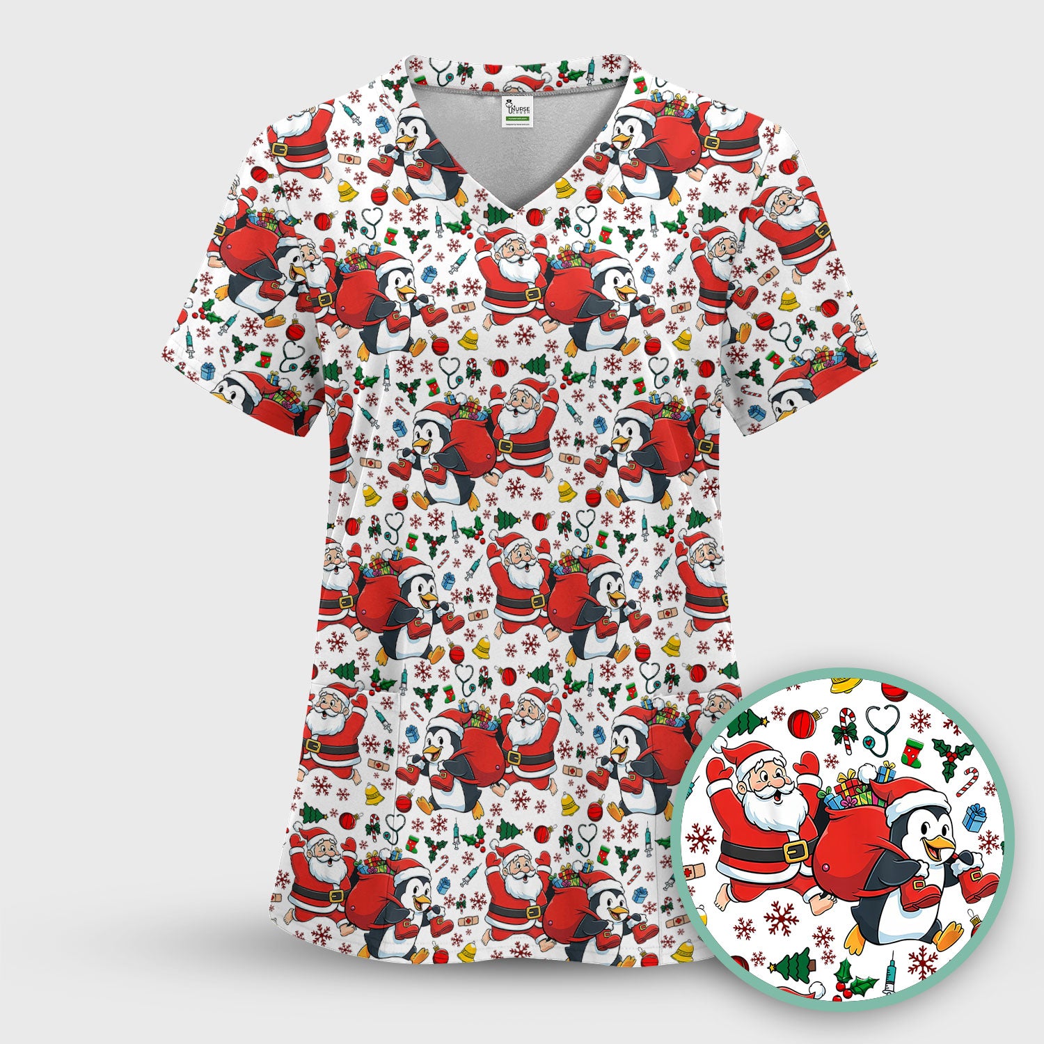 Funny Penguin Christmas Scrub Top - Santa Holiday Nurse Uniform for Women - Medical Gift for RN CNA LPN