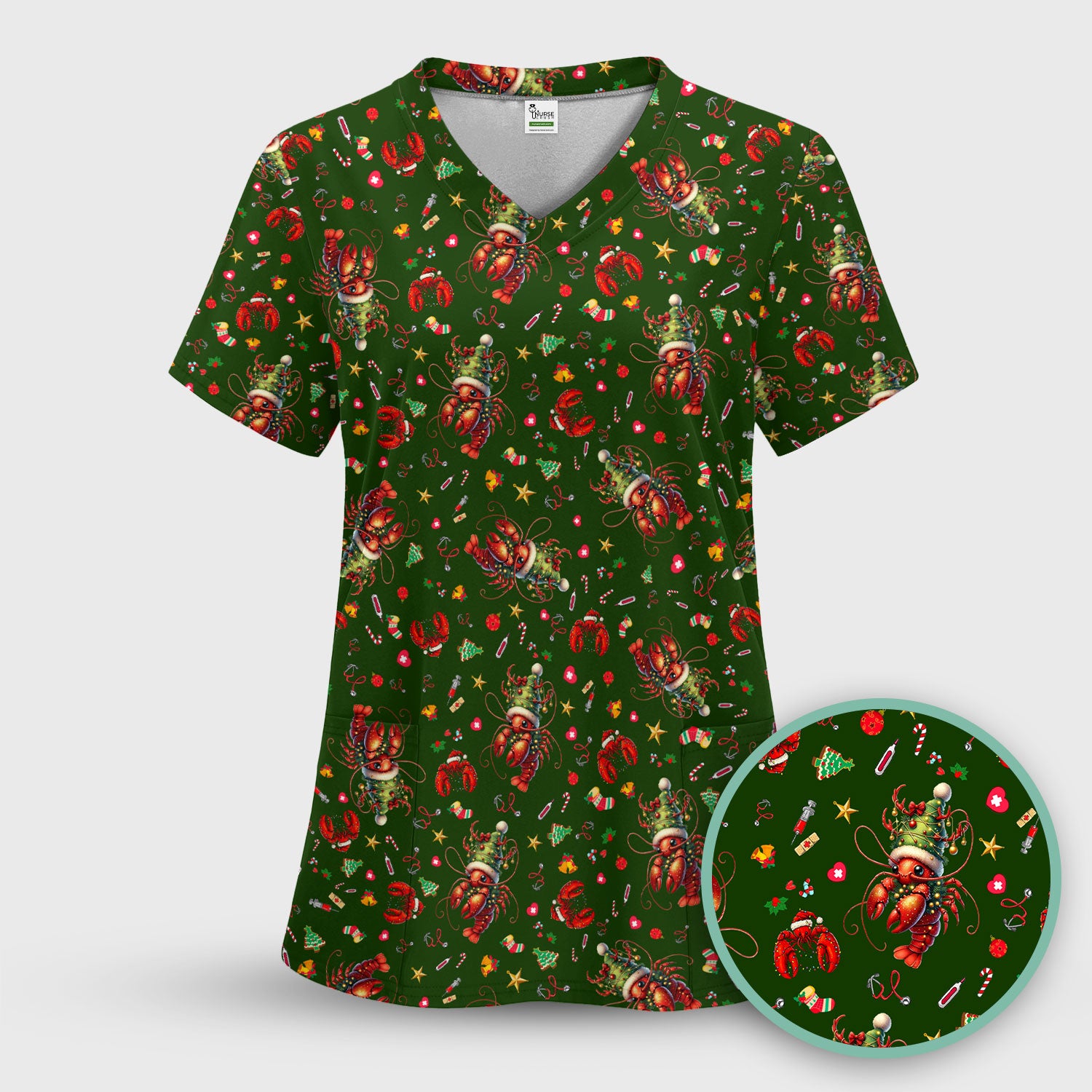 Whimsical Crawfish Christmas Scrub Top – Southern Christmas Cajun Holiday Crawfish Pattern – Cute Medical Uniform for Nurses, Vets And Healthcare Workers