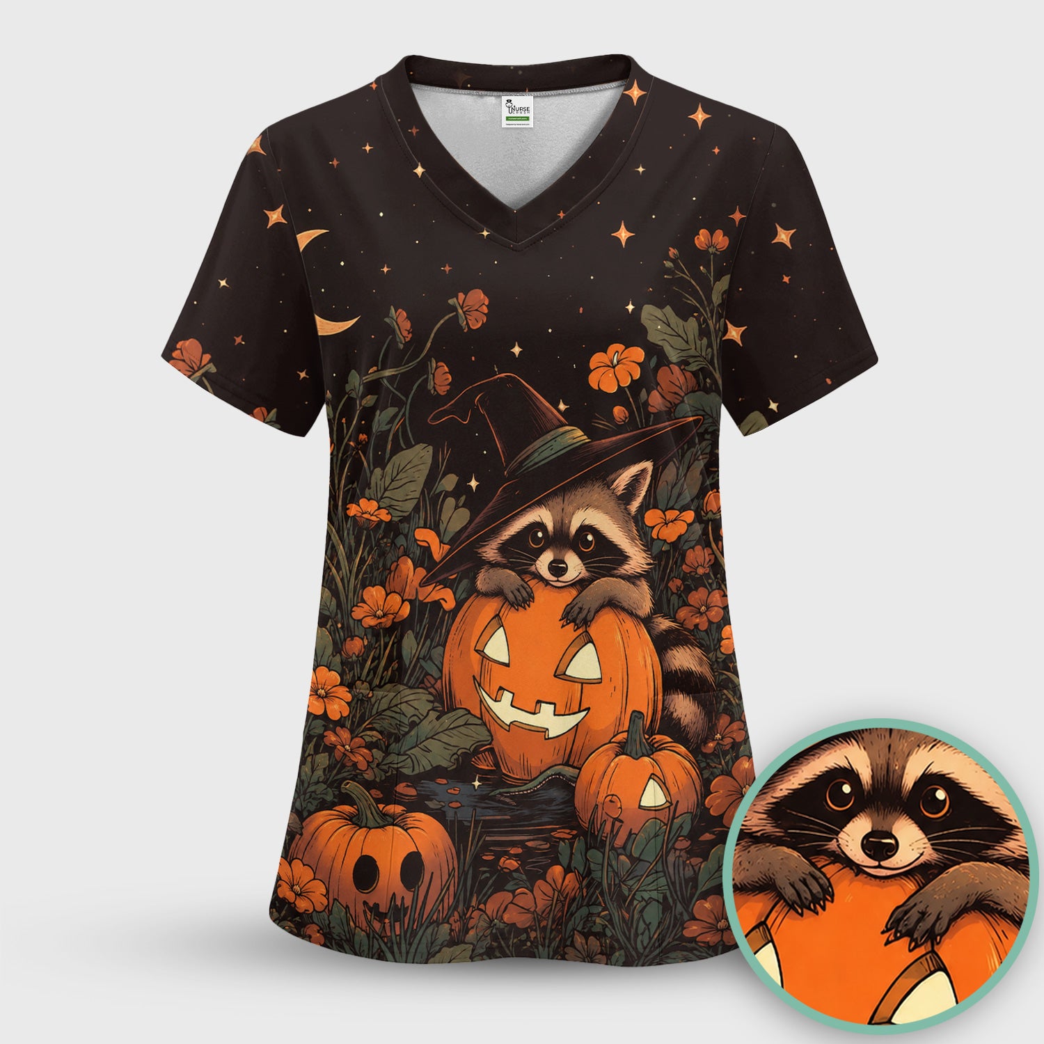 Spooky Halloween Raccoon Print Scrub Top, Comfortable Scrubs for Nurses