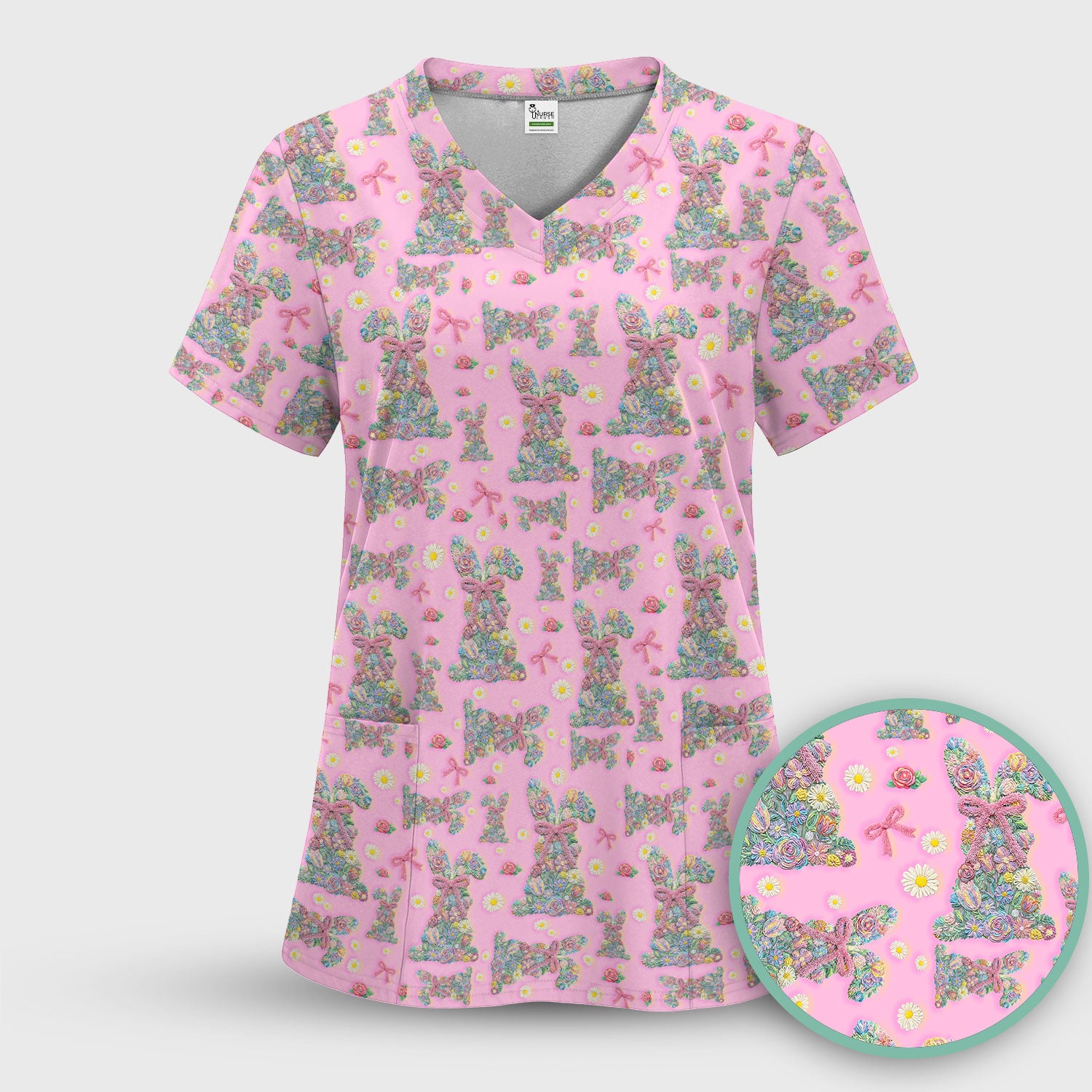 Colorful Floral Bunny with Pink Bow Pattern Scrub Top, Breathable Fabrics Nursing Uniform, Easter
