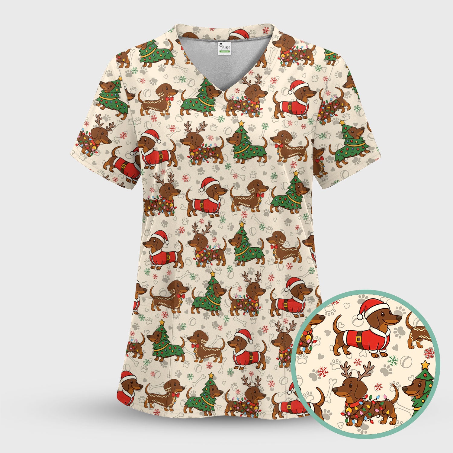 Christmas Dachshund Scrub Top - Funny Sausage Dog Wiener Holiday Nurse Shirt - Xmas Medical Uniform Gift for RN CNA LPN