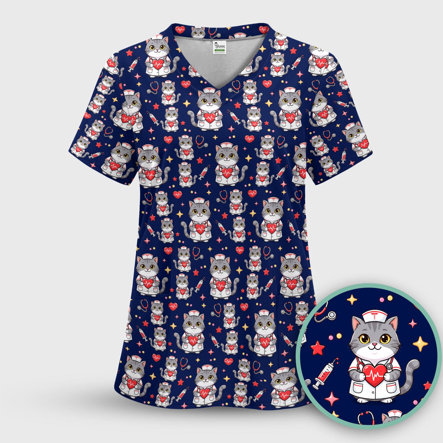 Cute Nurse Cat Heart Medical Print Scrub Top, Comfortable Scrubs for Nurses