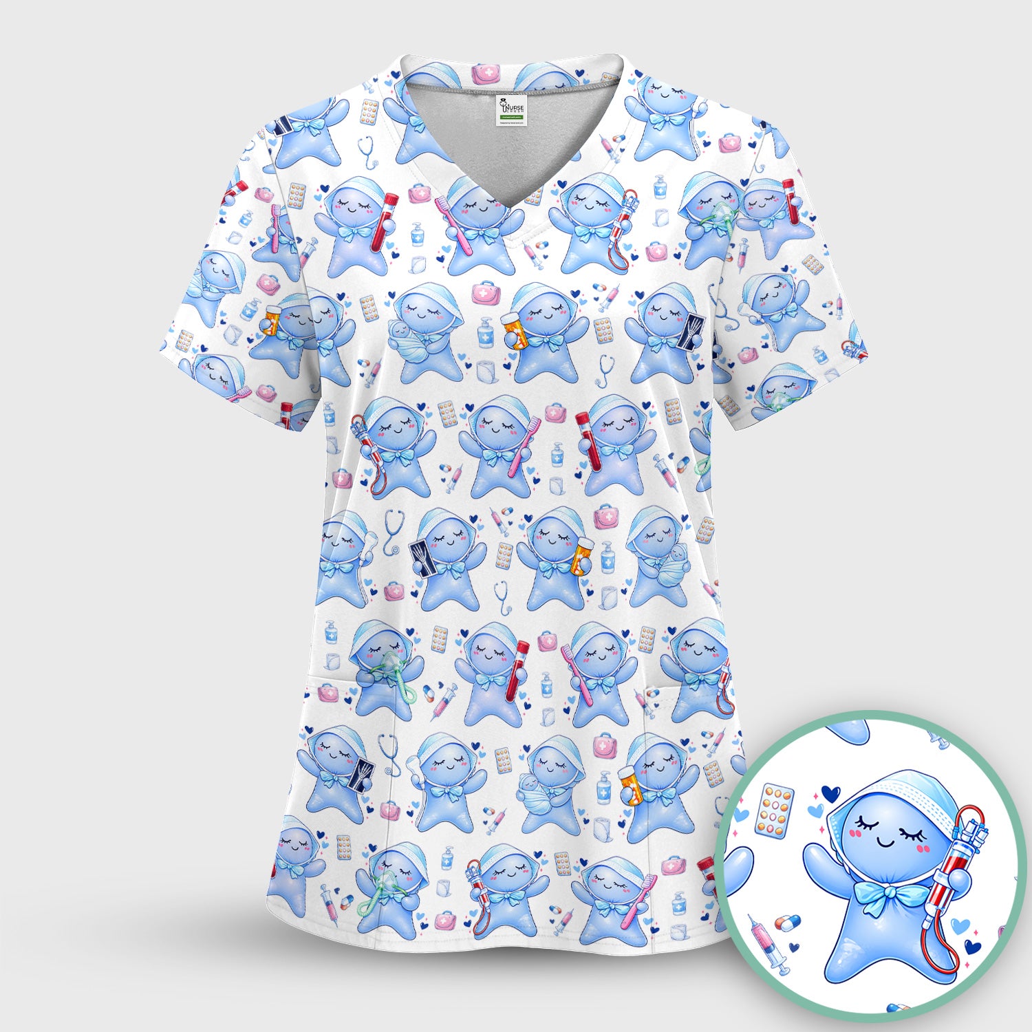 Cute Tooth Character Dental Tools Caring Pattern Scrub Set, Breathable Med Uniform