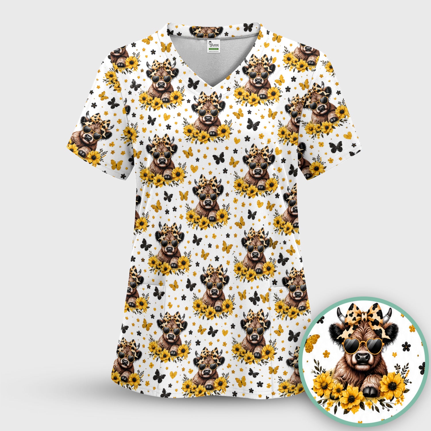Sassy Highland Cow Sunflower Pattern Scrub Top, Comfortable Scrubs for Nurses