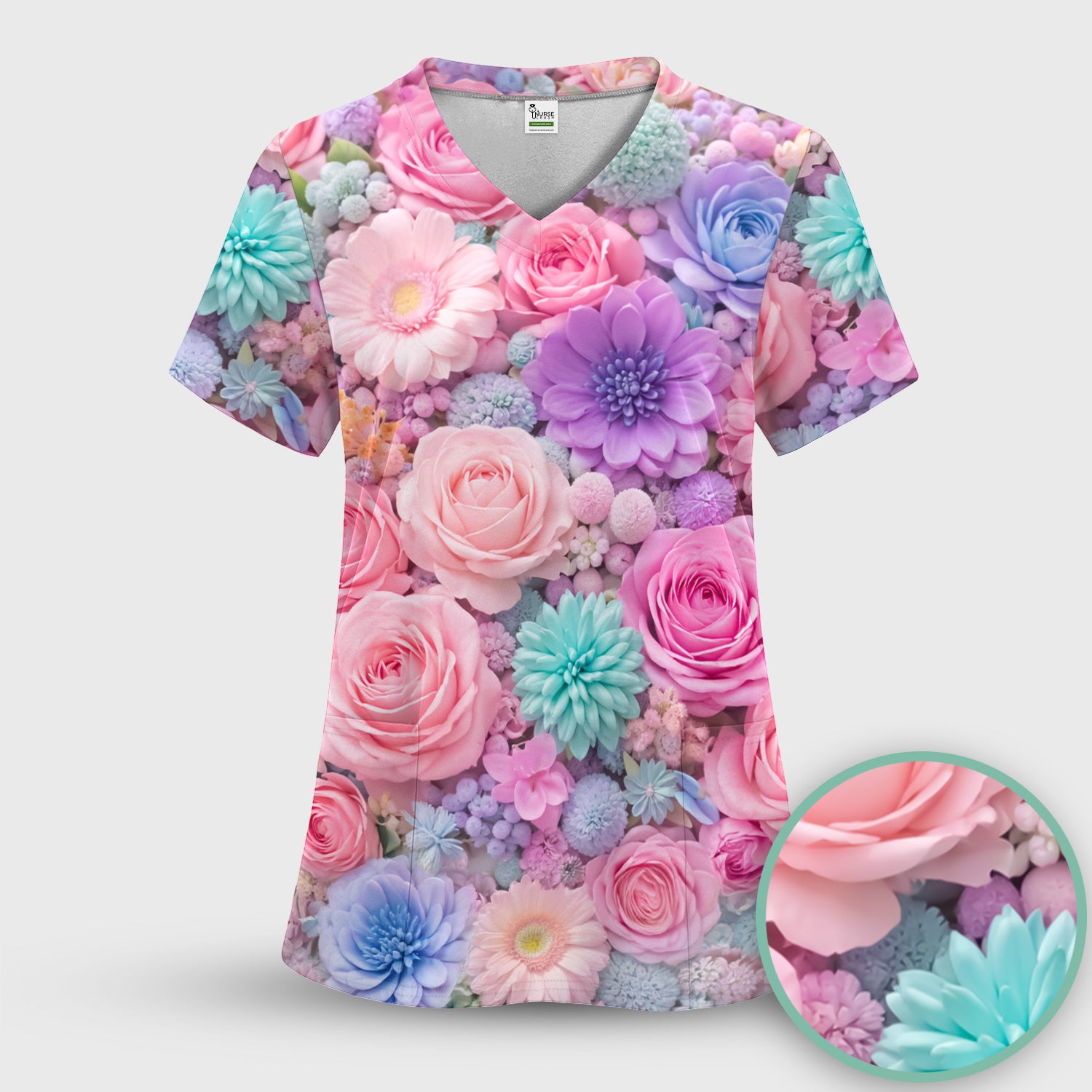 Pastel Floral Dream Scrub Top, Soft Pink Rose & Candy Color Bloom Nursing Uniform