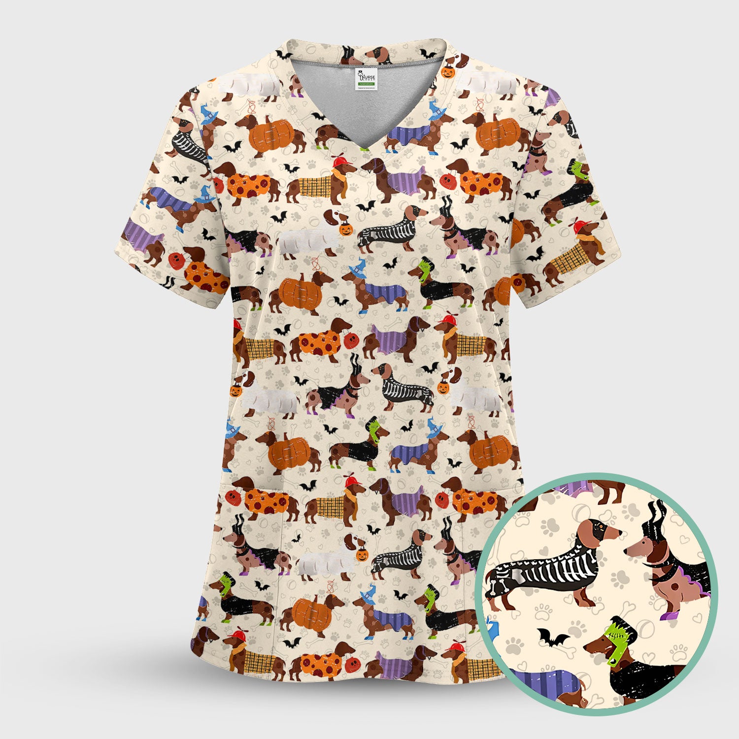 Halloween Dachshund Scrub Top for Women - Funny Pumpkin Skeleton Nursing Uniform RN LPN CNA Gift - Cute Sausage Dog Print Medical Shirt