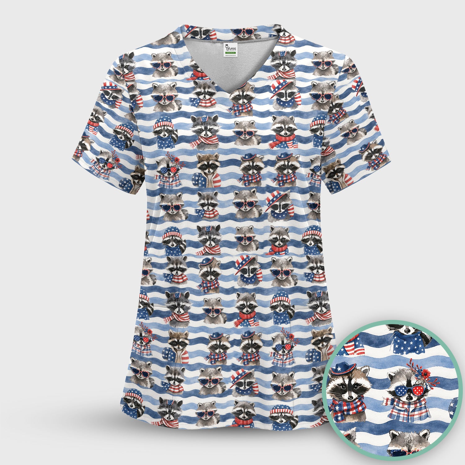 Patriotic Raccoon Watercolor Stripe Pattern Scrub Top, Comfortable Scrubs for Nurses