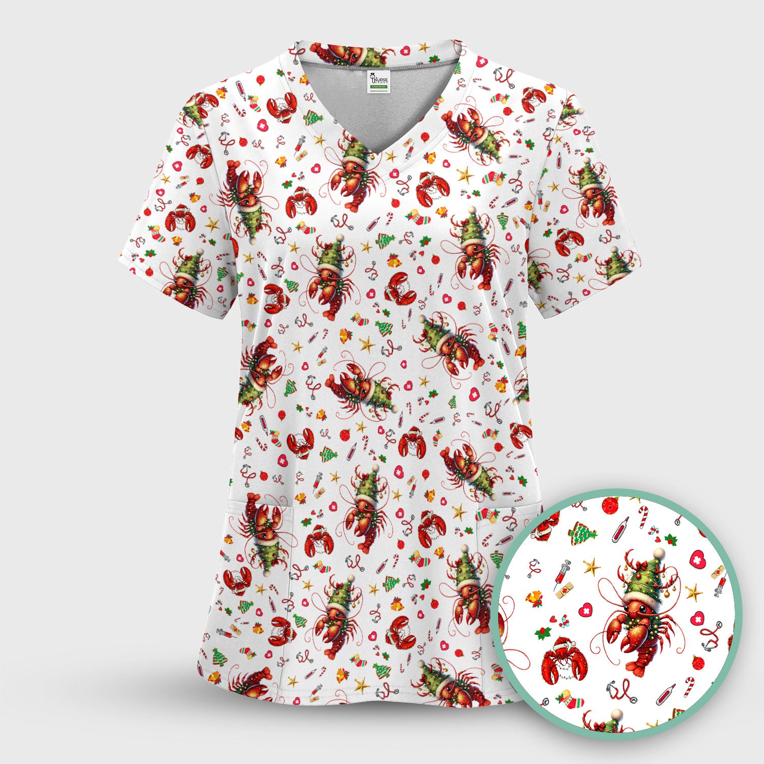 Whimsical Crawfish Christmas Scrub Top – Southern Christmas Cajun Holiday Crawfish Pattern – Cute Medical Uniform for Nurses, Vets And Healthcare Workers
