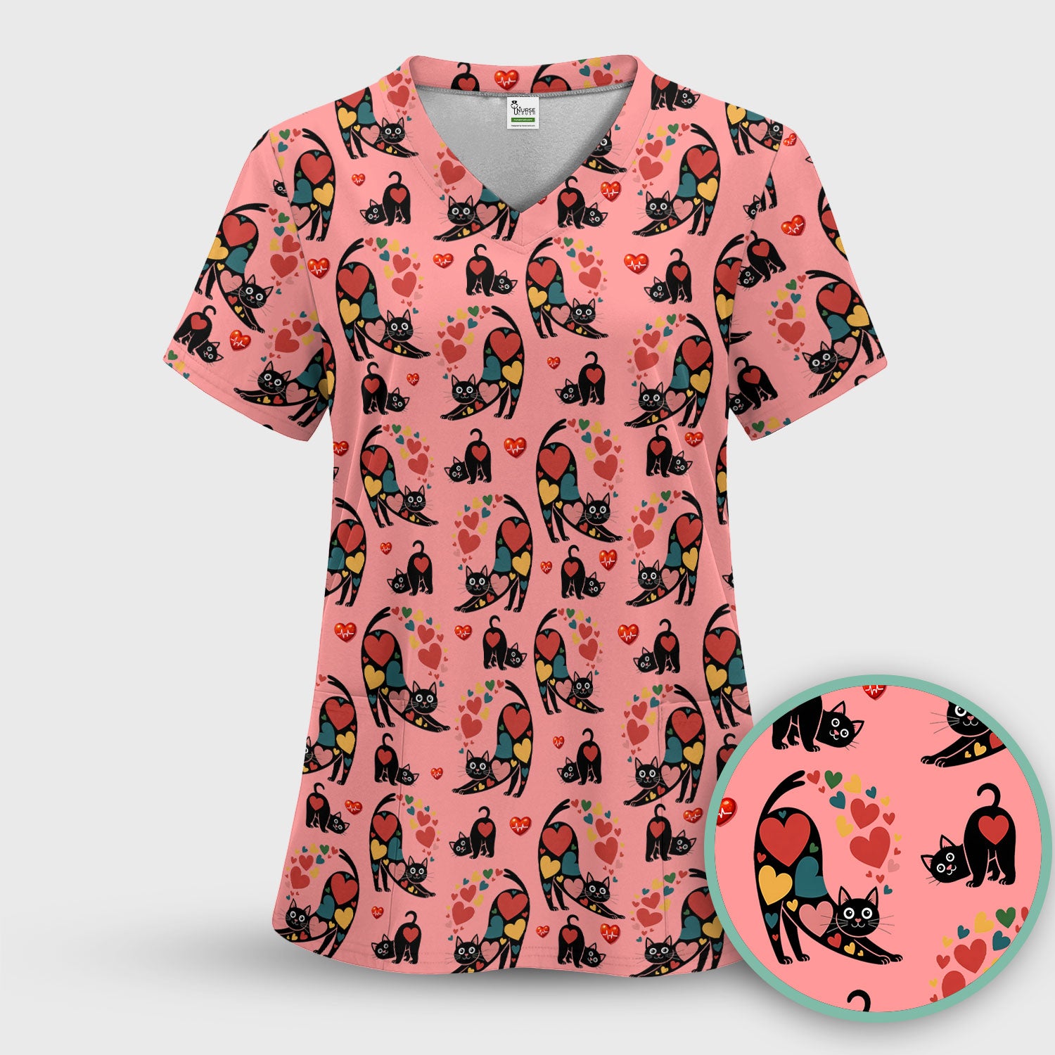 Playful Cat Valentine Heart Print Nurse Scrub Top, Comfortable Scrubs for Nurses