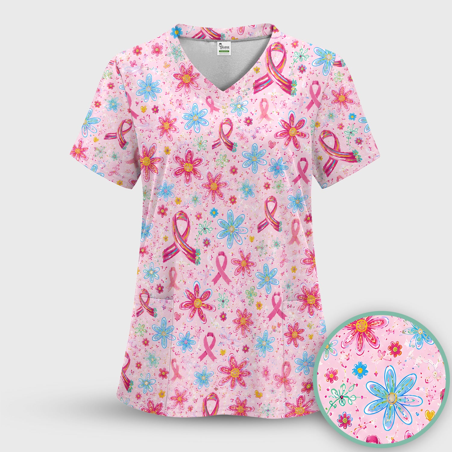 Floral Breast Cancer Awareness Print Scrub Set, Scrub Pants and V Neck Top