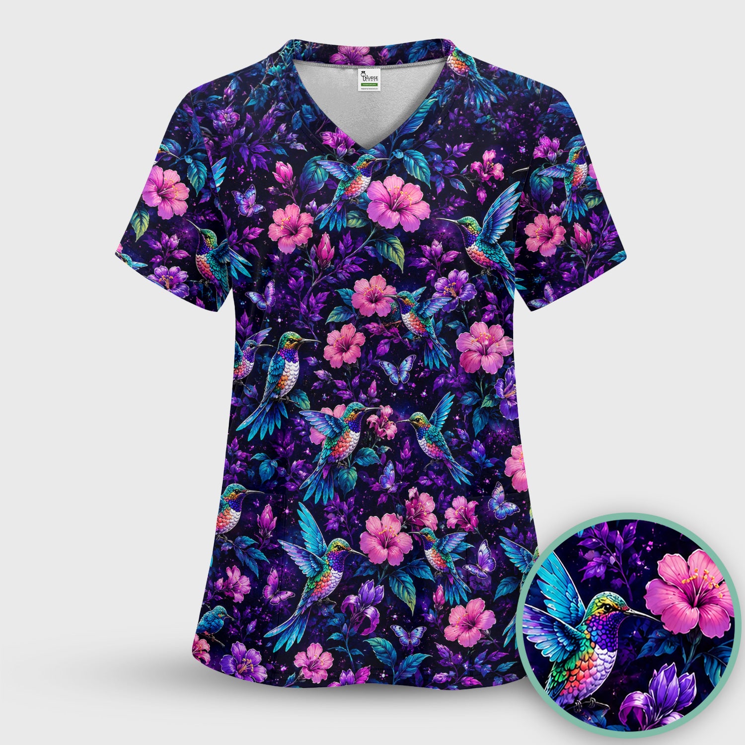 Vibrant Hummingbird Hibiscus Blossom Pattern Scrub Set, Scrub Pants and V Neck Top