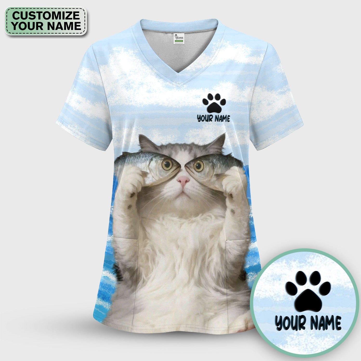 Personalized Cat Holding Fish Pattern Nurse Scrub Set, Scrub Pants and V Neck Top