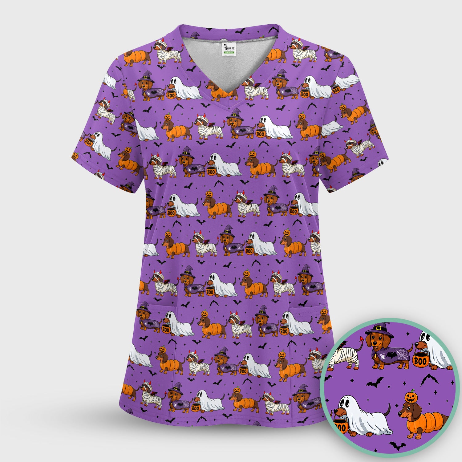 Halloween Dachshund for Veterinary Staff Scrub Set, Scrub Pants and V Neck Top