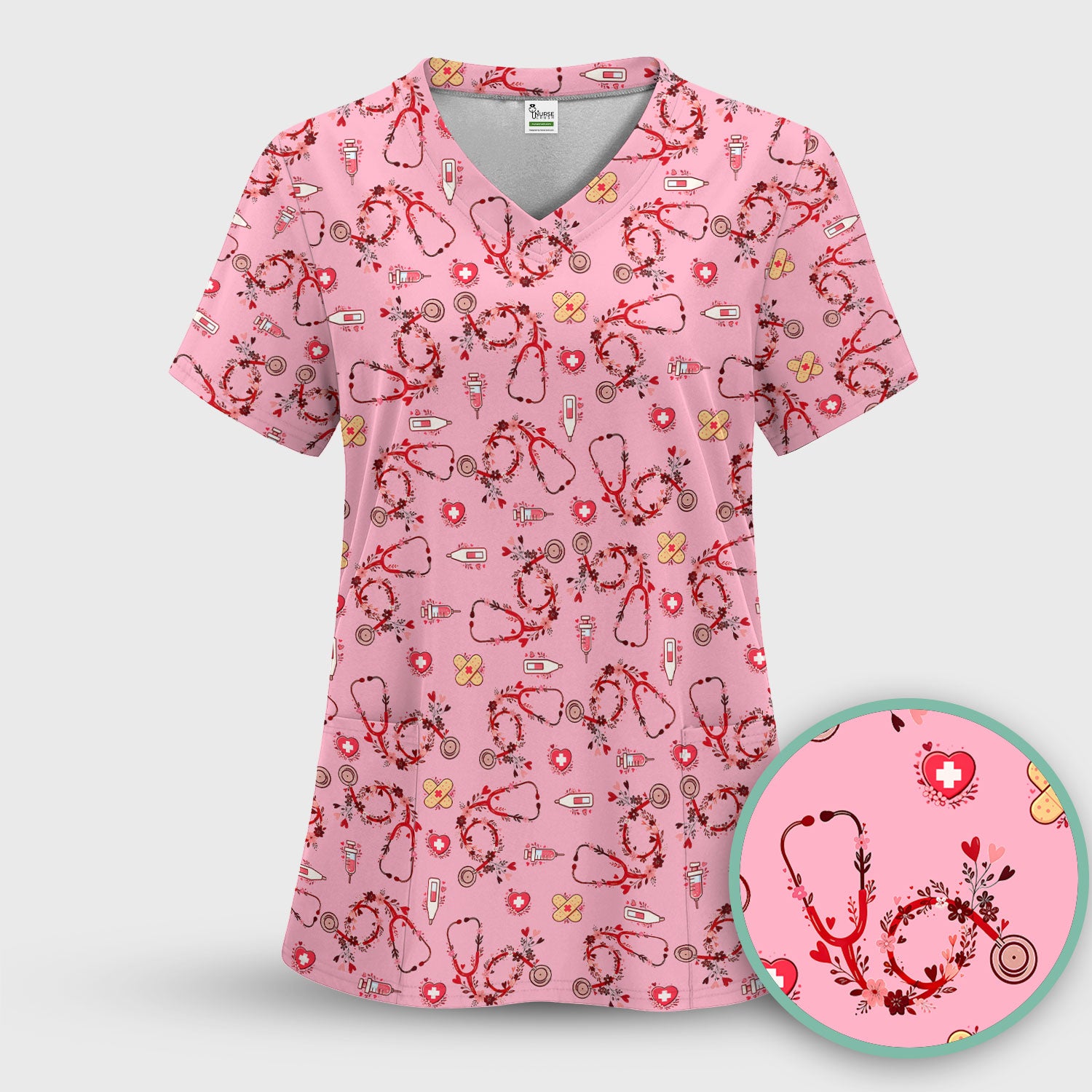 Heart Stethoscope Medical Pattern Scrub Top, Breathable Fabrics Nursing Uniform