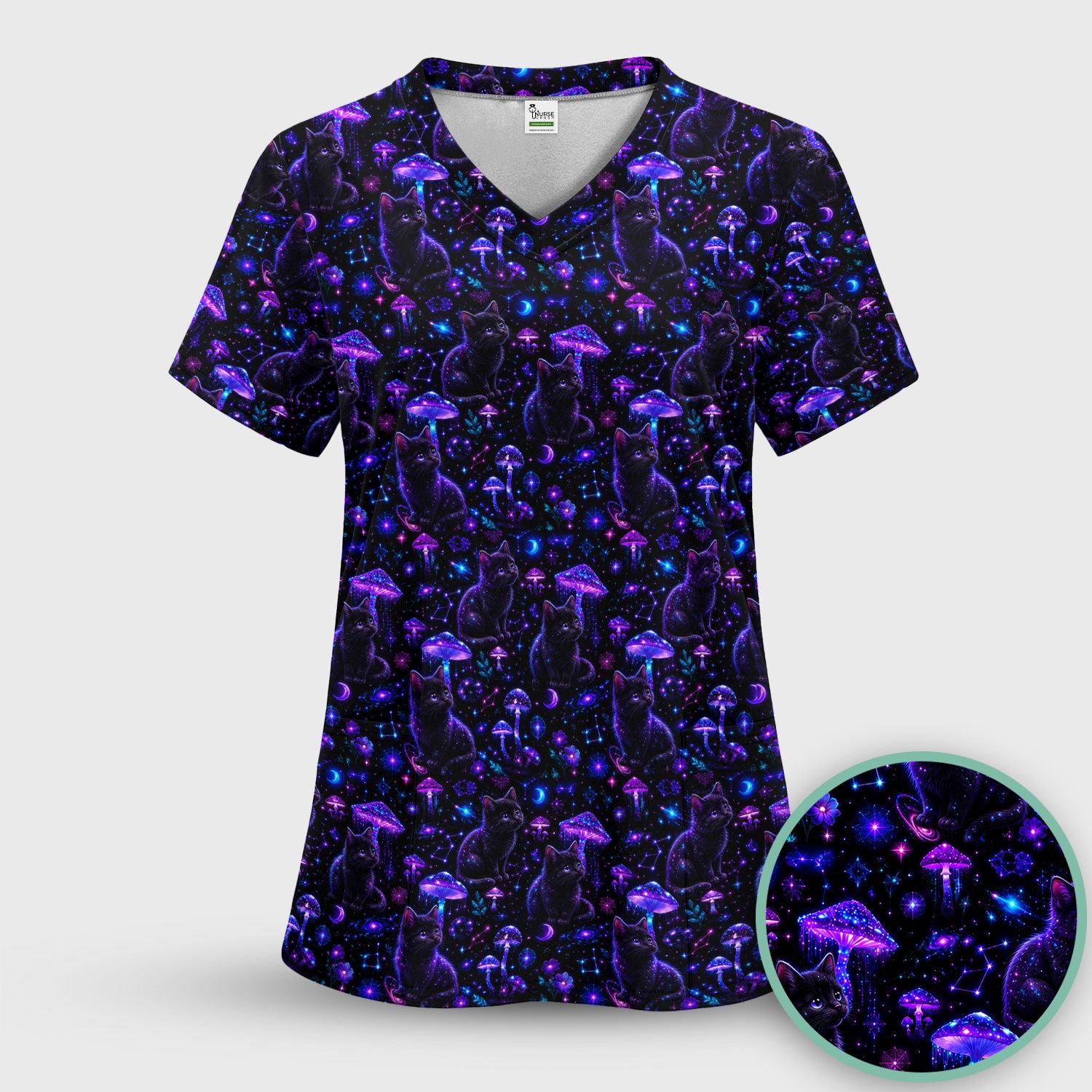 Mystical Black Cat Neon Mushroom Print Scrub Set, Scrub Pants and V Neck Top