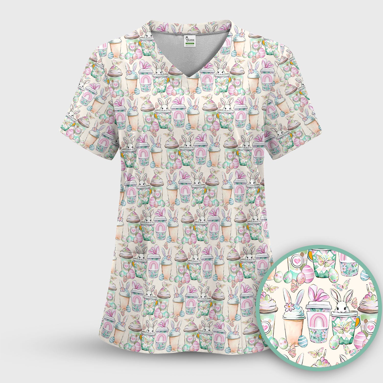 Cute Easter Bunny Coffee Cup Pattern Scrub Sets, Scrub Pants and V Neck Top