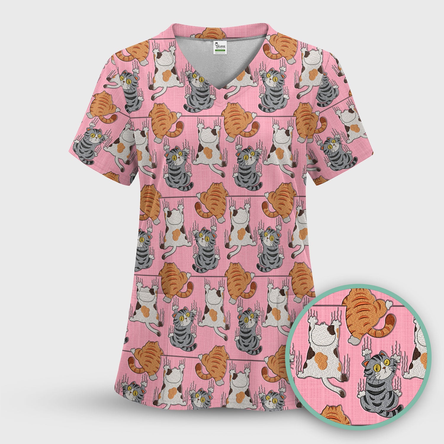 Cute Cat Pattern Nurse Scrub Top, Cats Medical Pattern Shirt, Breathable Fabrics Nursing Uniform