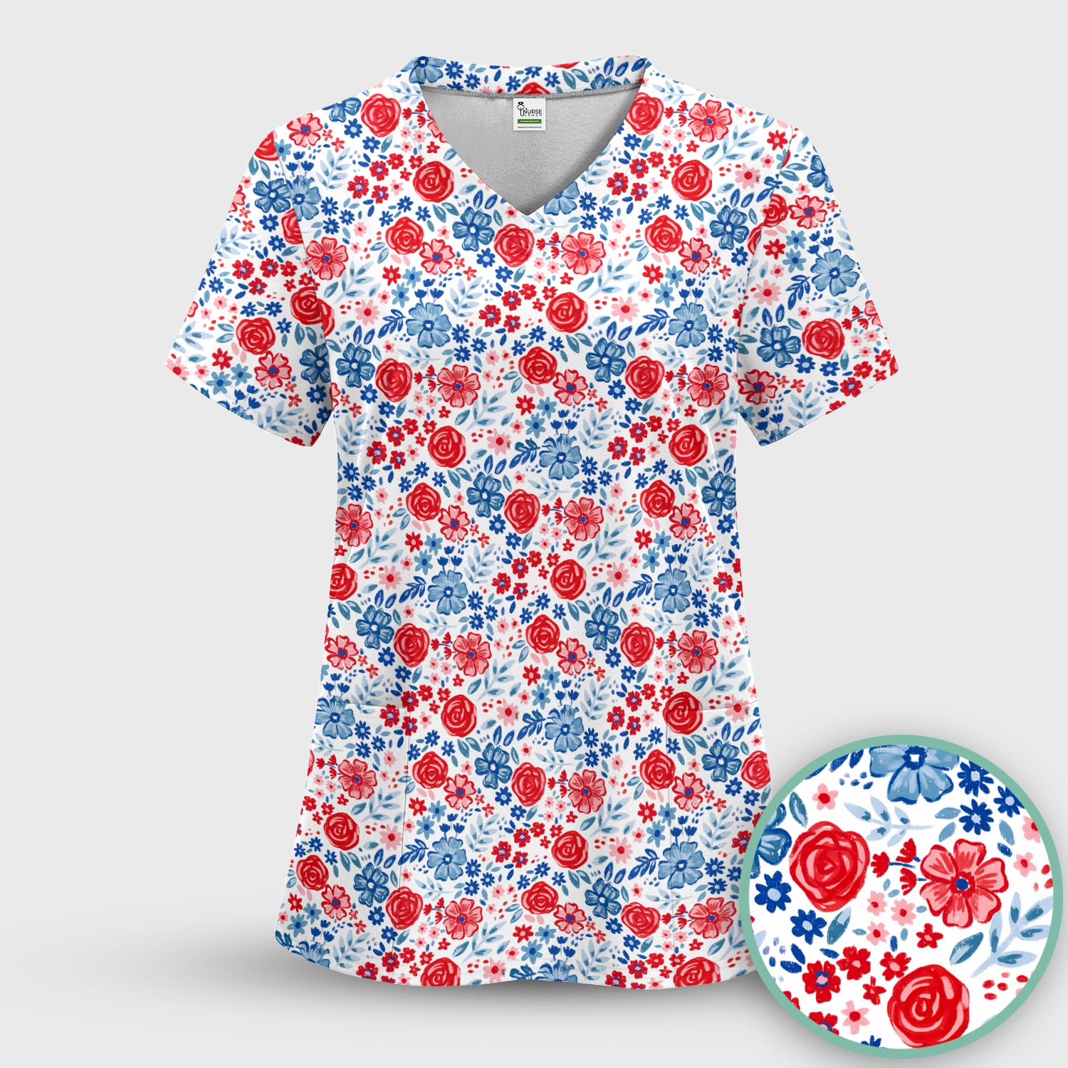 Red Blue Floral Garden Blossom Pattern Scrub Set, Scrub Pants and V Neck Top