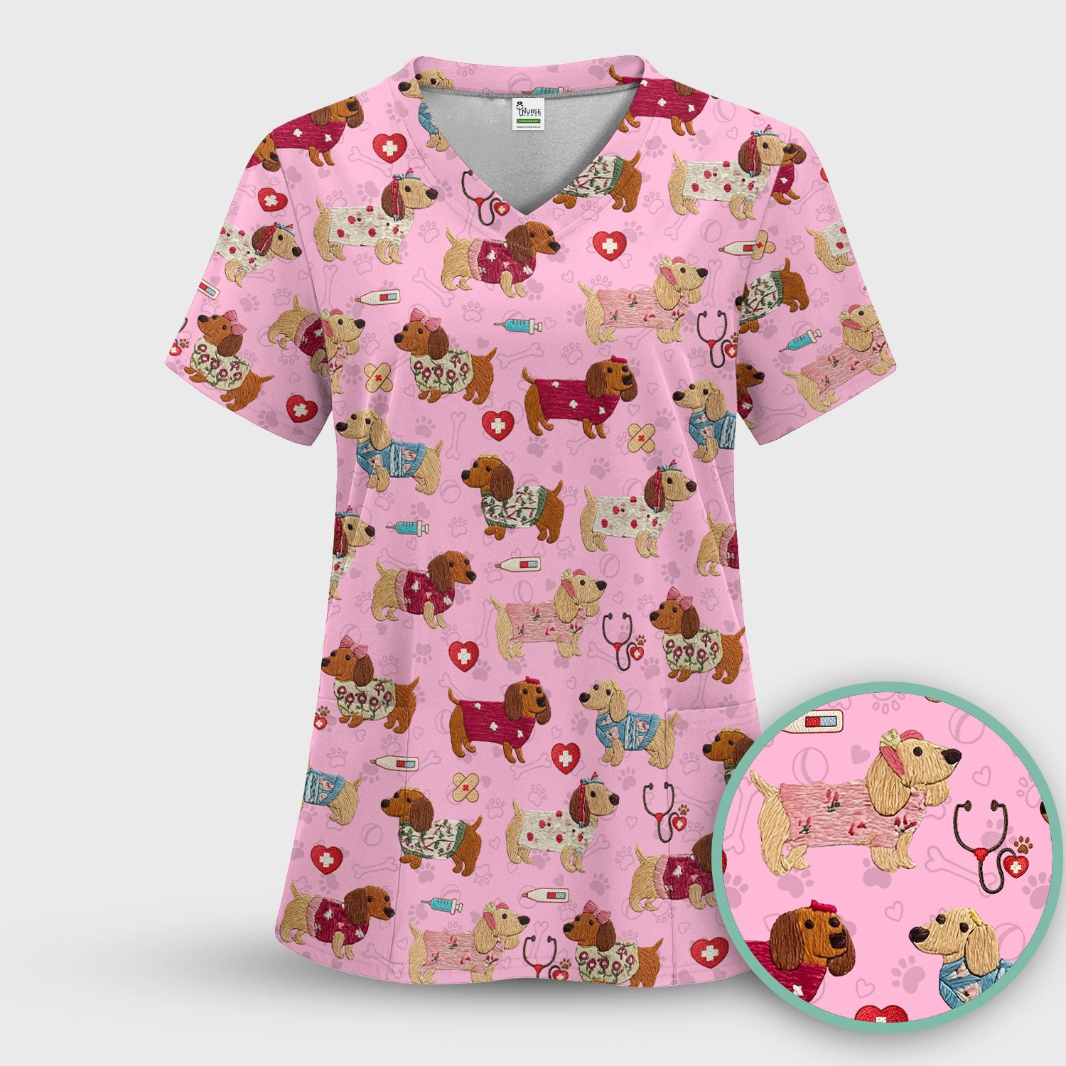 Cute Medical Wiener Dog Pattern Nurse Shirt, Dachshund Nursing Scrub Set, Breathable Fabrics Nursing Uniform